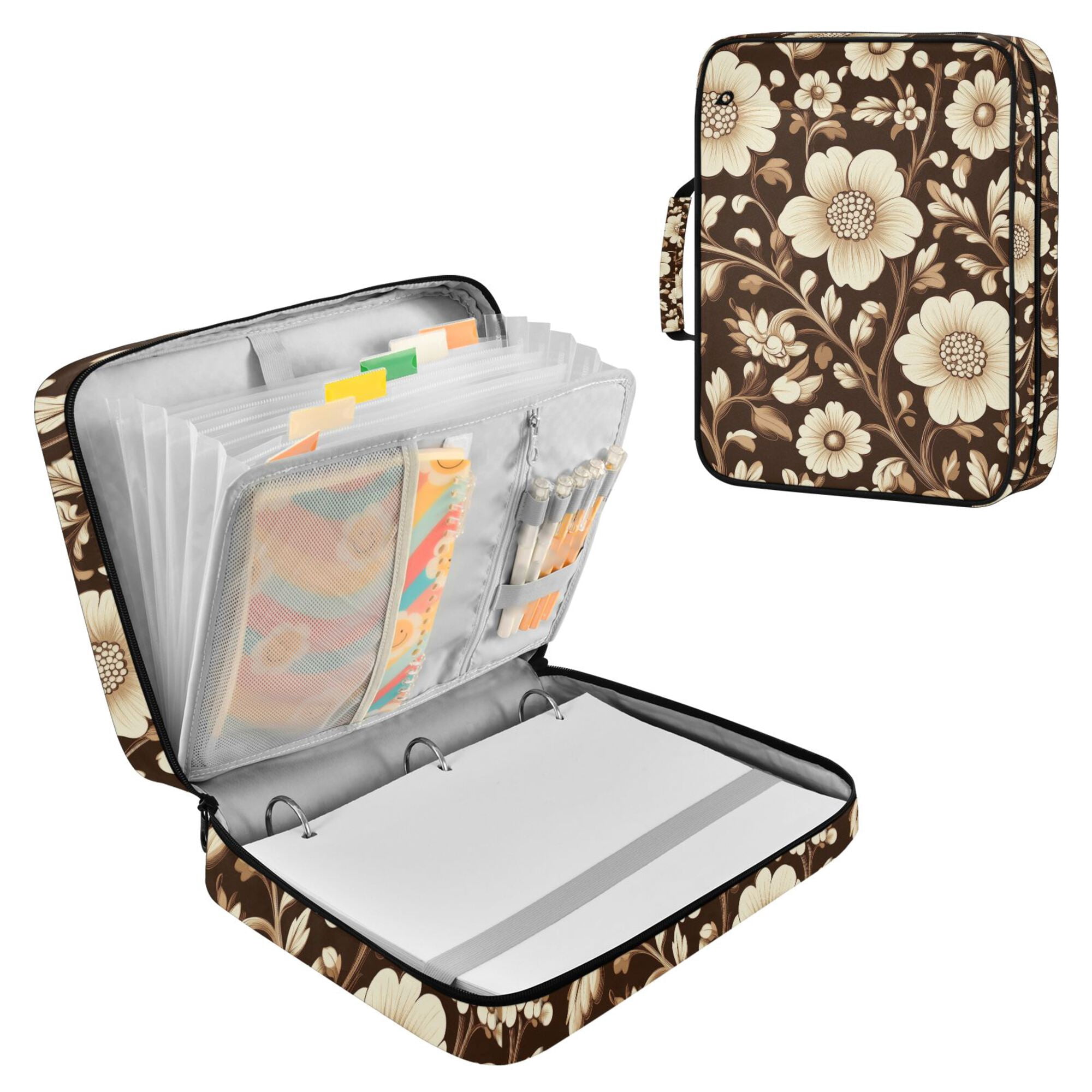 FORMRS Accordion File Folder A4 Size 7-Pocket Expanding Document Organizer Bag with 3 Ring Binder, Brown Floral