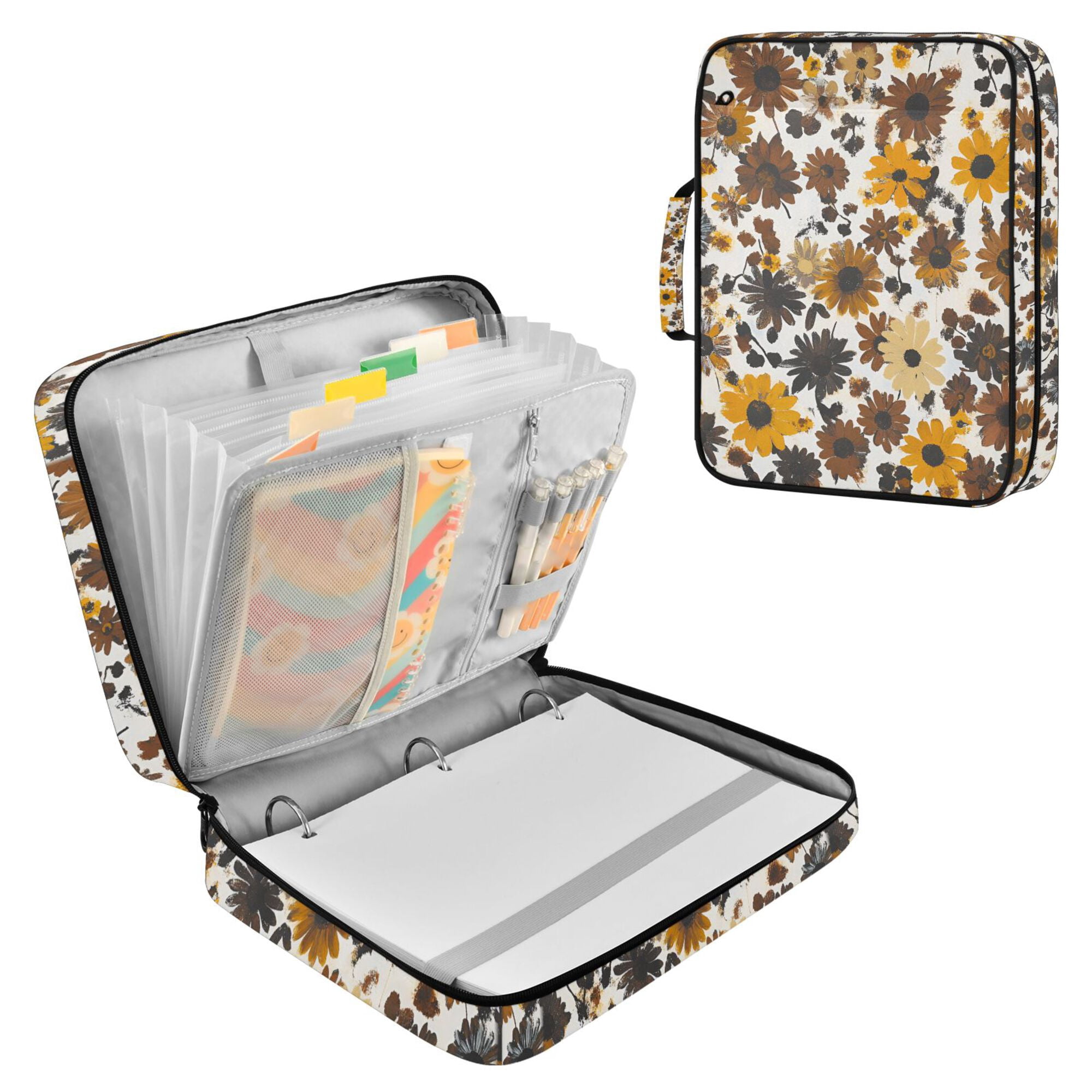 FORMRS Accordion File Folder A4 Size 7-Pocket Expanding Document Organizer Bag with 3 Ring Binder, Brown Flowers
