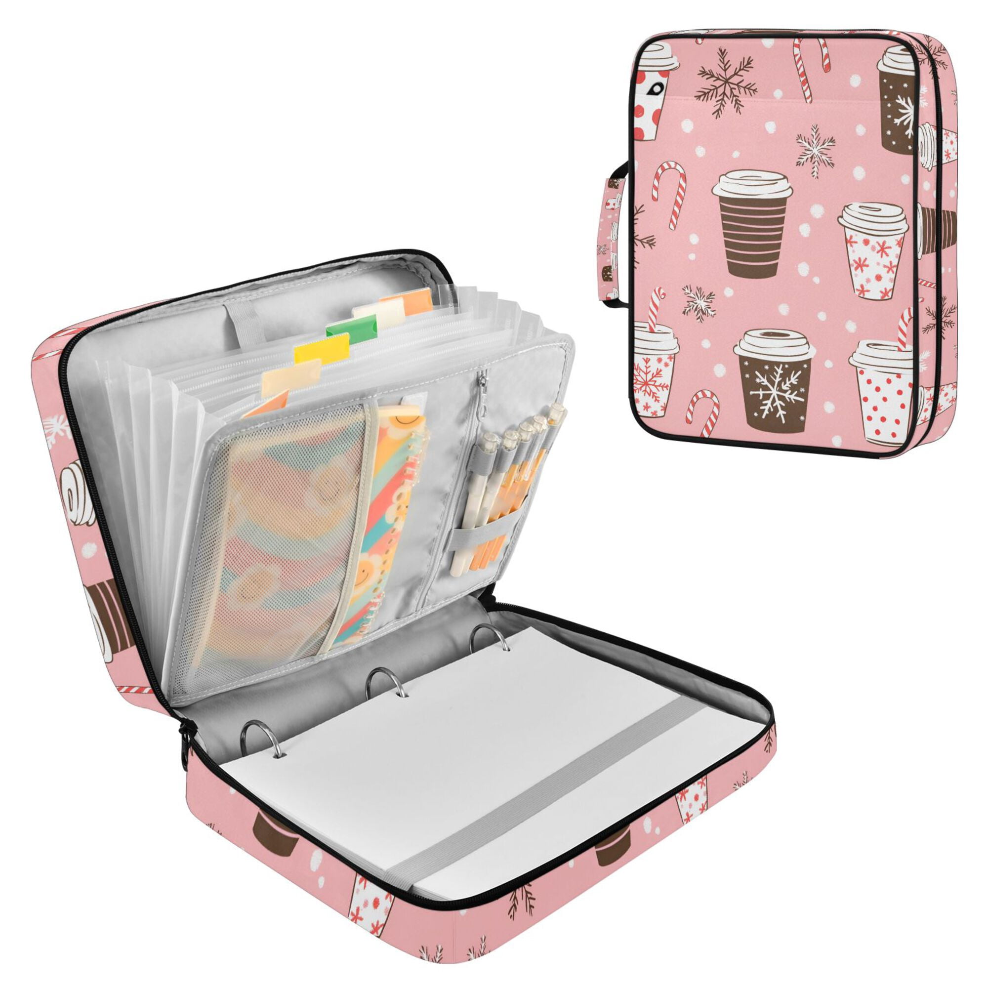 FORMRS Accordion File Folder A4 Size 7-Pocket Expanding Document Organizer Bag with 3 Ring Binder, Brown Hand Drawn Cups