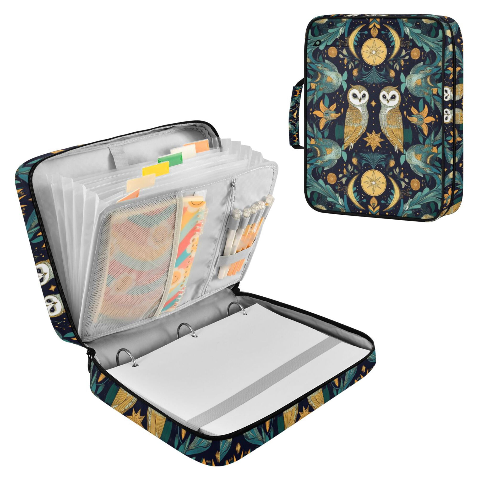 FORMRS Accordion File Folder A4 Size 7-Pocket Expanding Document Organizer Bag with 3 Ring Binder, Brown Mystical Owls