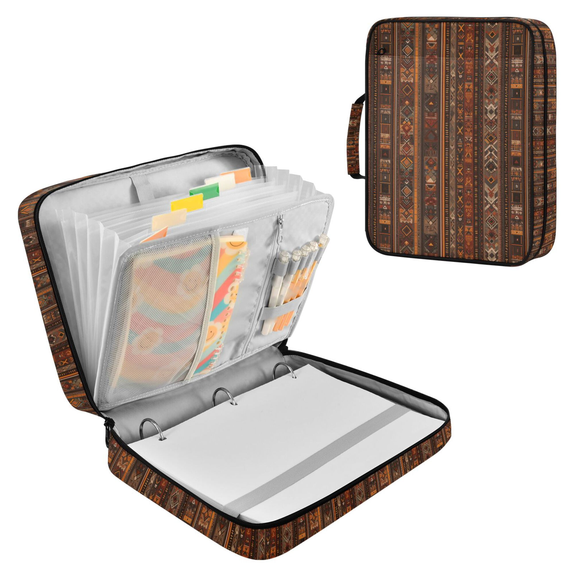 FORMRS Accordion File Folder A4 Size 7-Pocket Expanding Document Organizer Bag with 3 Ring Binder, Brown Tribal Pattern