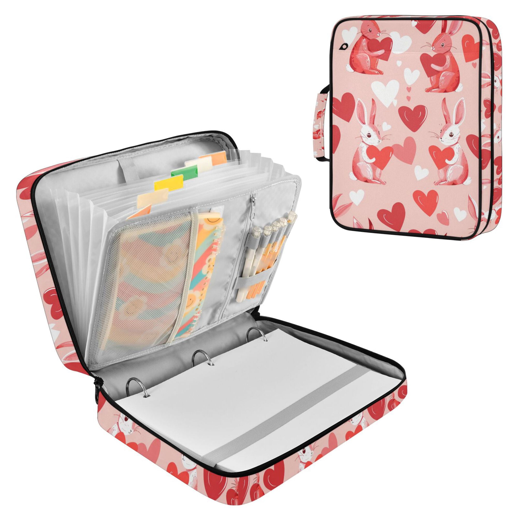 FORMRS Accordion File Folder A4 Size 7-Pocket Expanding Document Organizer Bag with 3 Ring Binder, Bunnies and Hearts