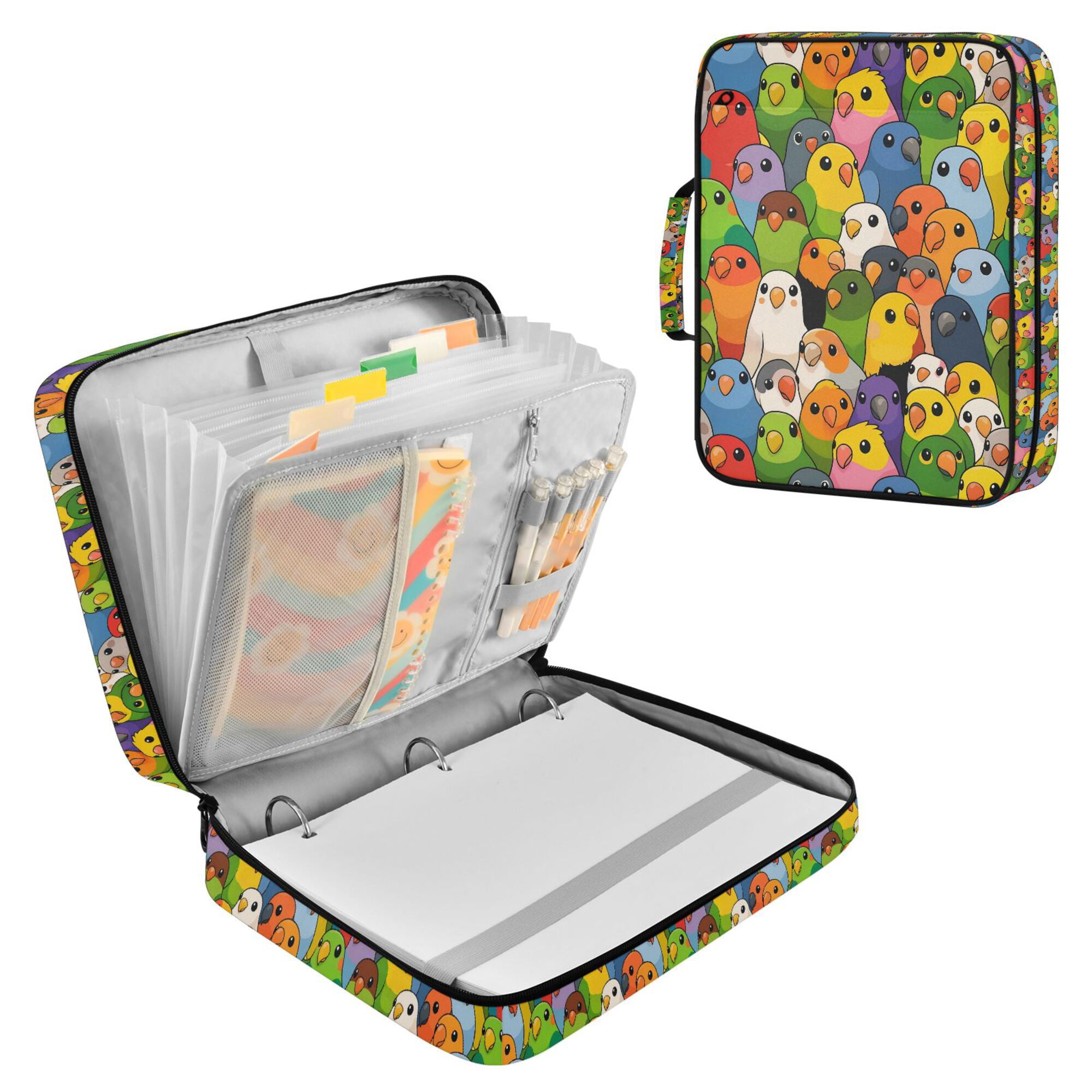 FORMRS Accordion File Folder A4 Size 7-Pocket Expanding Document Organizer Bag with 3 Ring Binder, Cartoon Birds Pattern