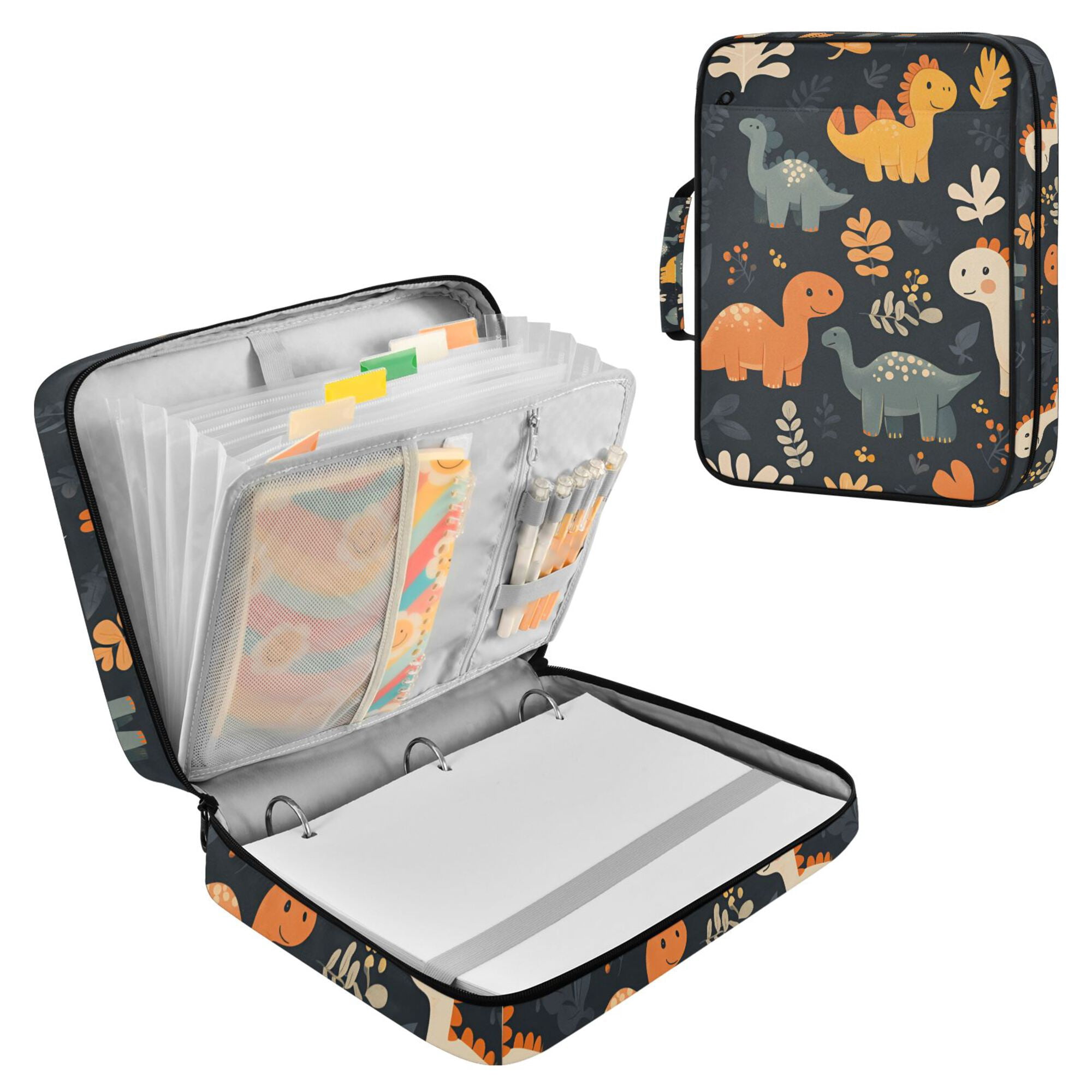 FORMRS Accordion File Folder A4 Size 7-Pocket Expanding Document Organizer Bag with 3 Ring Binder, Cartoon Dinosaur