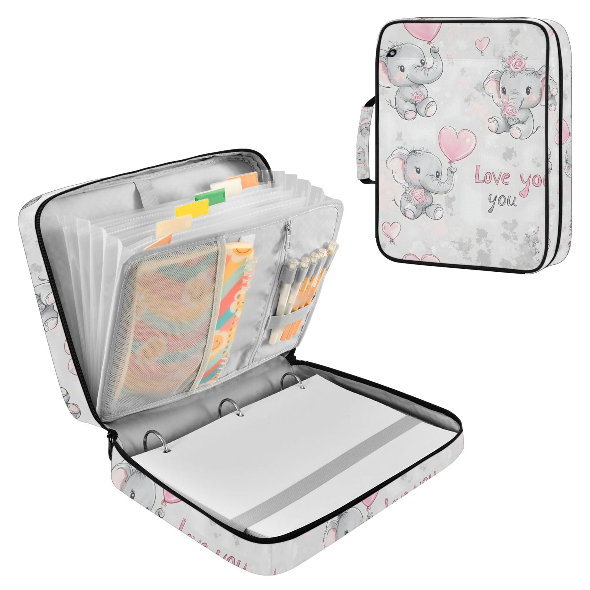 FORMRS Accordion File Folder A4 Size 7-Pocket Expanding Document Organizer Bag with 3 Ring Binder, Cartoon Elephant
