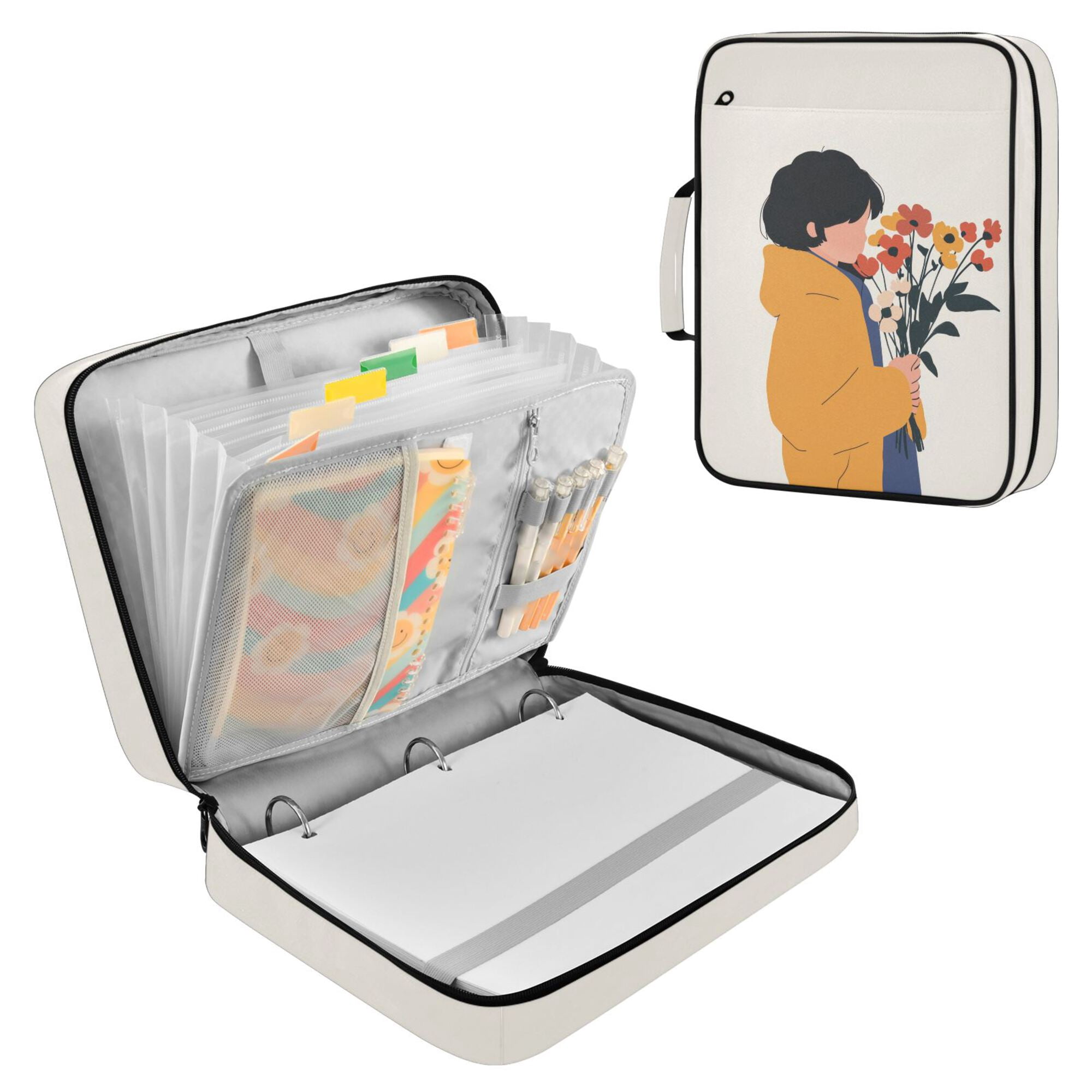 FORMRS Accordion File Folder A4 Size 7-Pocket Expanding Document Organizer Bag with 3 Ring Binder, Cartoon Flowers