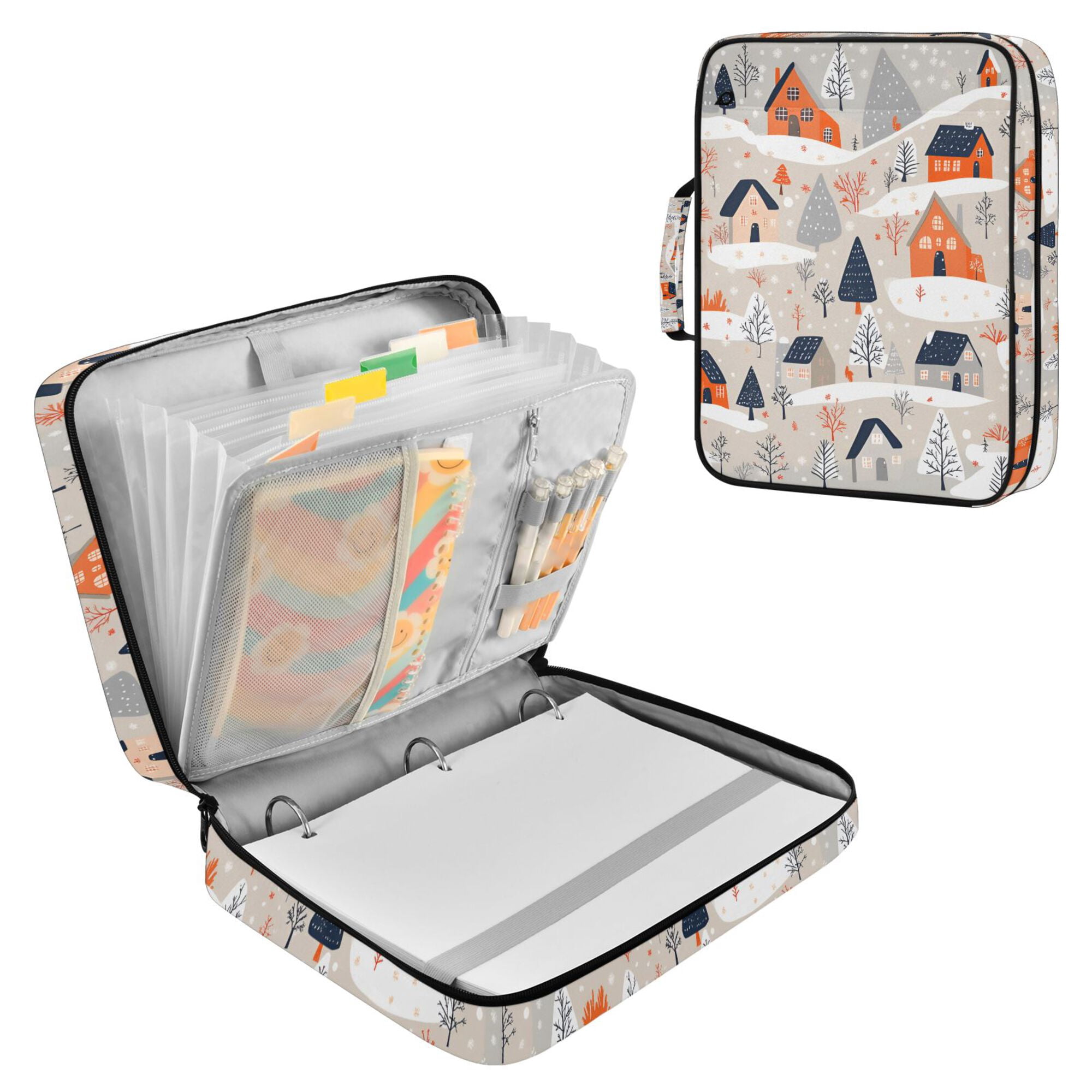 FORMRS Accordion File Folder A4 Size 7-Pocket Expanding Document Organizer Bag with 3 Ring Binder, Cartoon Gray Houses