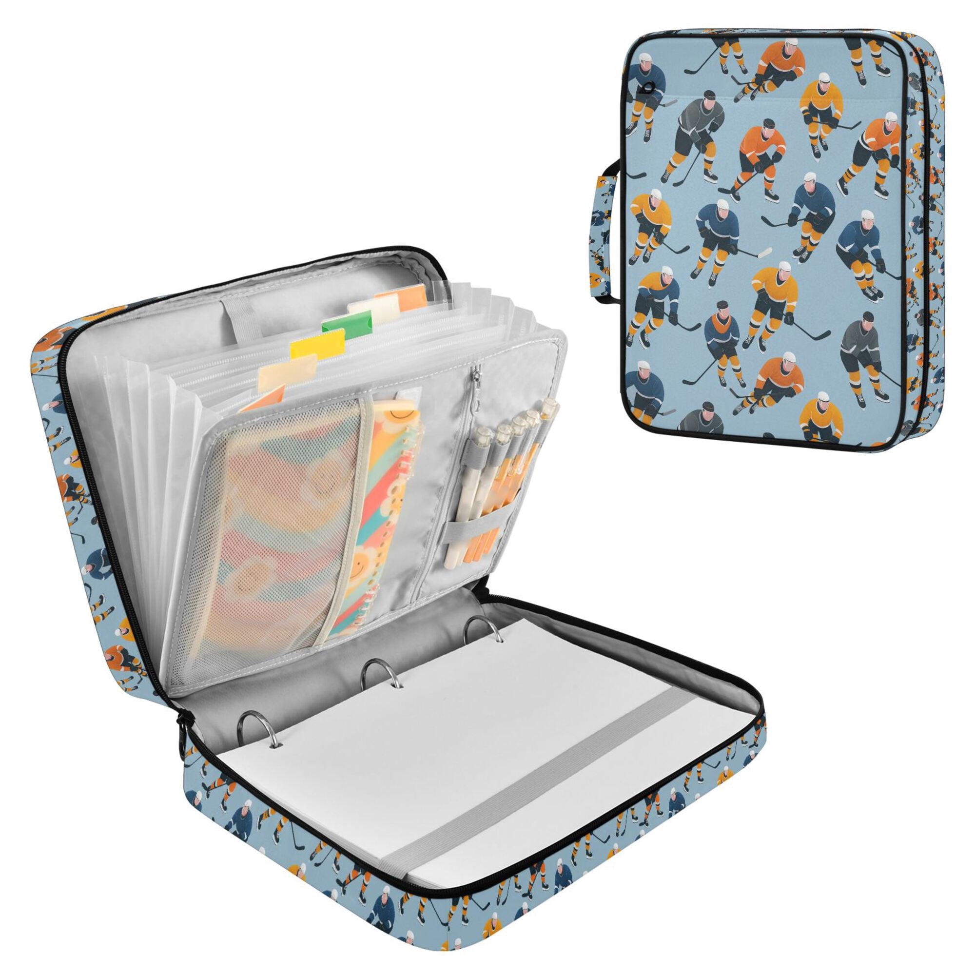 FORMRS Accordion File Folder A4 Size 7-Pocket Expanding Document Organizer Bag with 3 Ring Binder, Cartoon Hockey Pattern