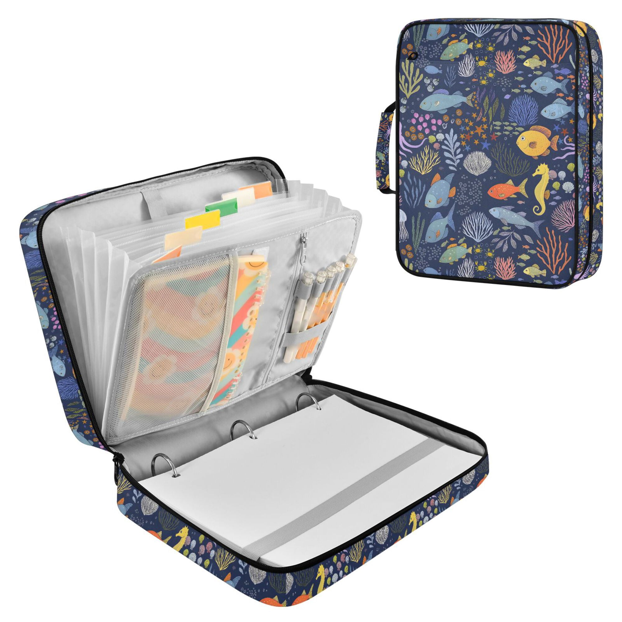 FORMRS Accordion File Folder A4 Size 7-Pocket Expanding Document Organizer Bag with 3 Ring Binder, Cartoon Ocean Pattern
