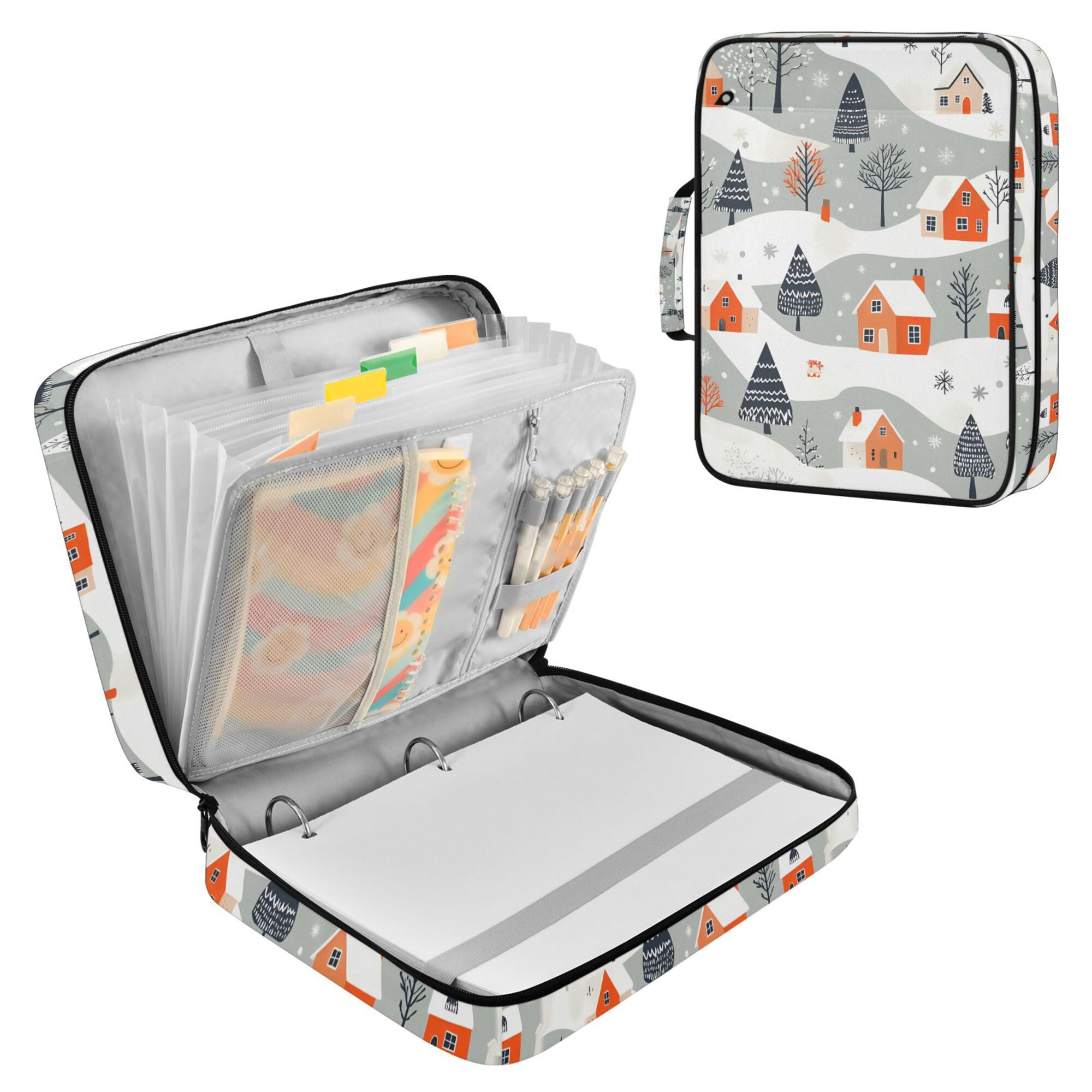FORMRS Accordion File Folder A4 Size 7-Pocket Expanding Document Organizer Bag with 3 Ring Binder, Cartoon Orange Houses