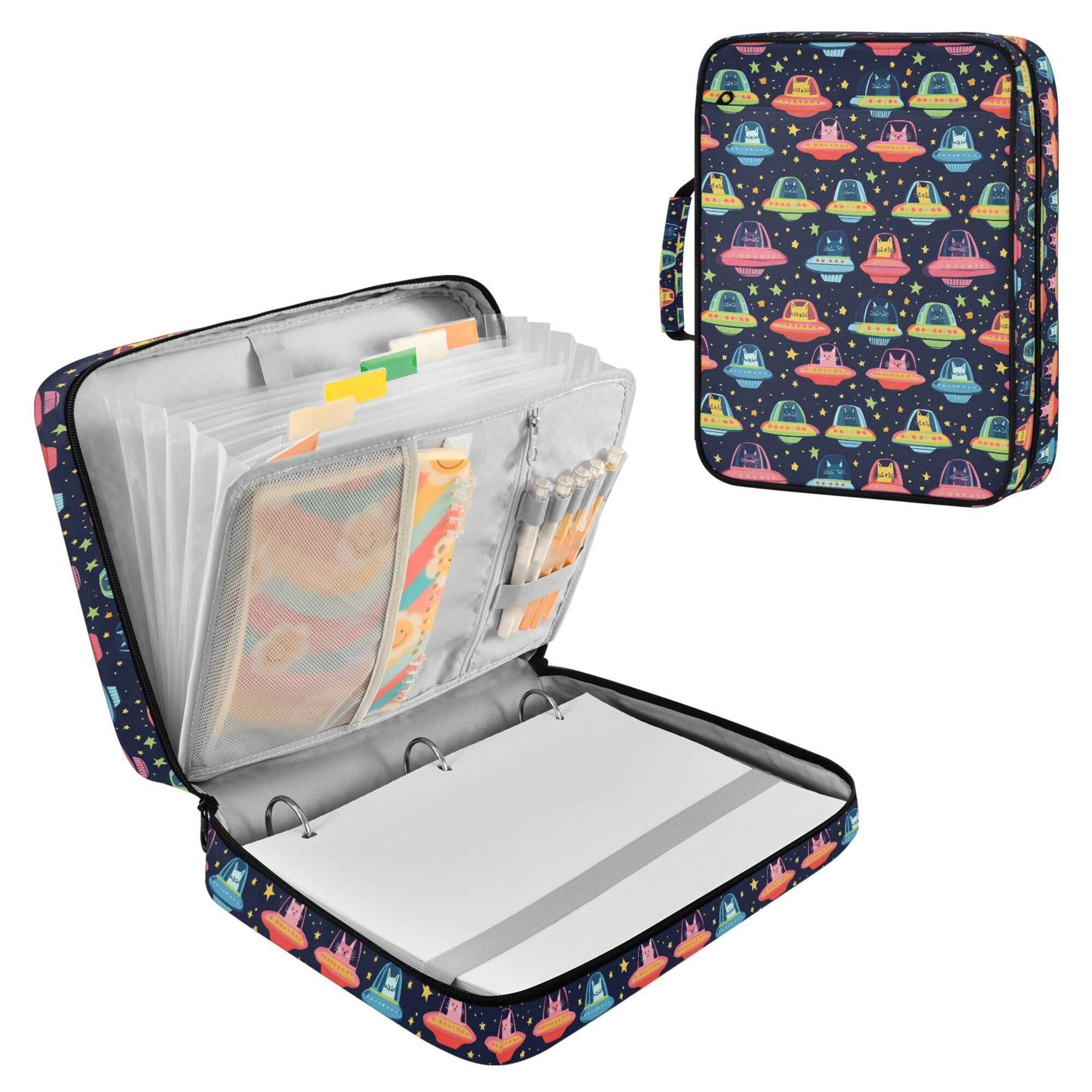 FORMRS Accordion File Folder A4 Size 7-Pocket Expanding Document Organizer Bag with 3 Ring Binder, Cartoon Space Cat