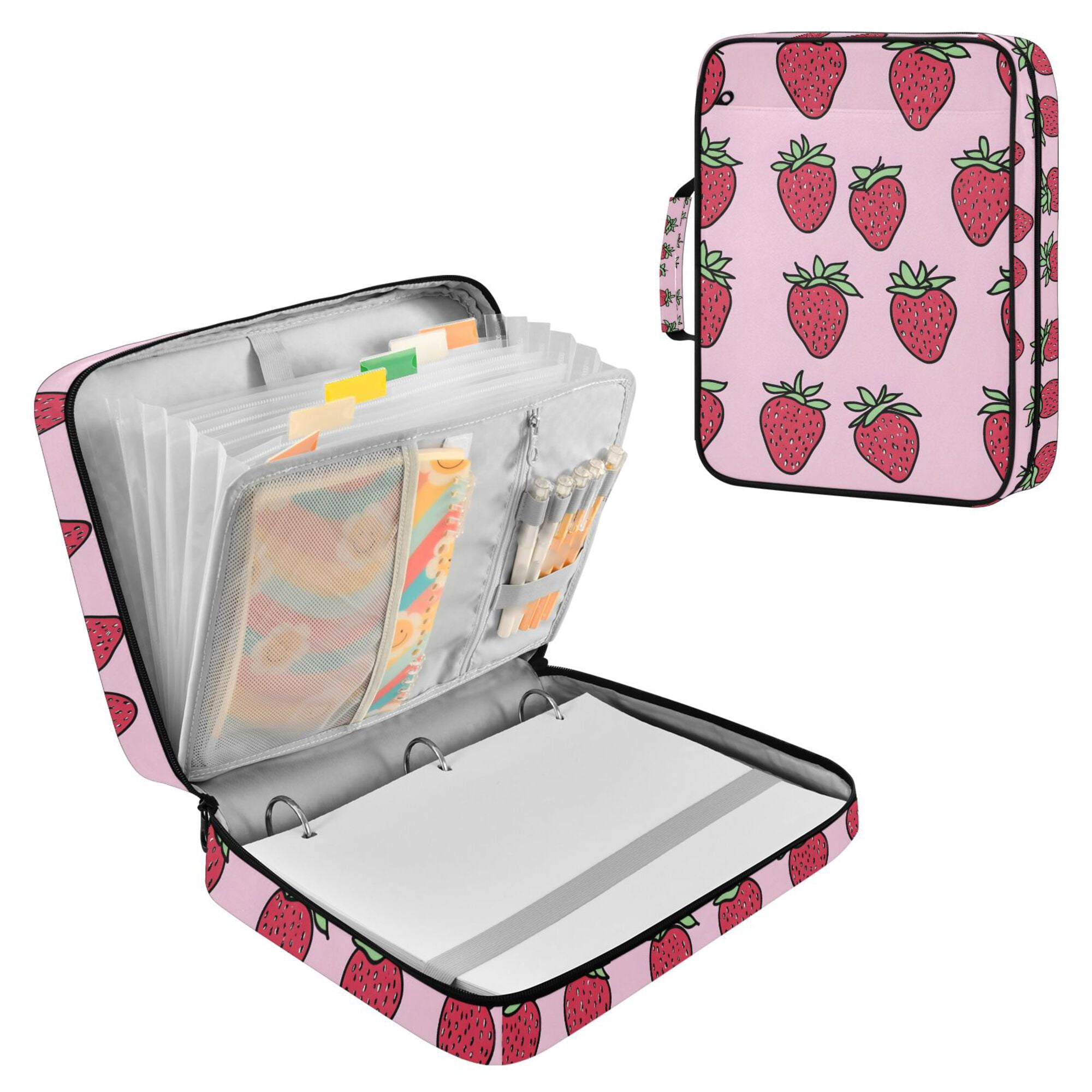 FORMRS Accordion File Folder A4 Size 7-Pocket Expanding Document Organizer Bag with 3 Ring Binder, Cartoon Strawberry