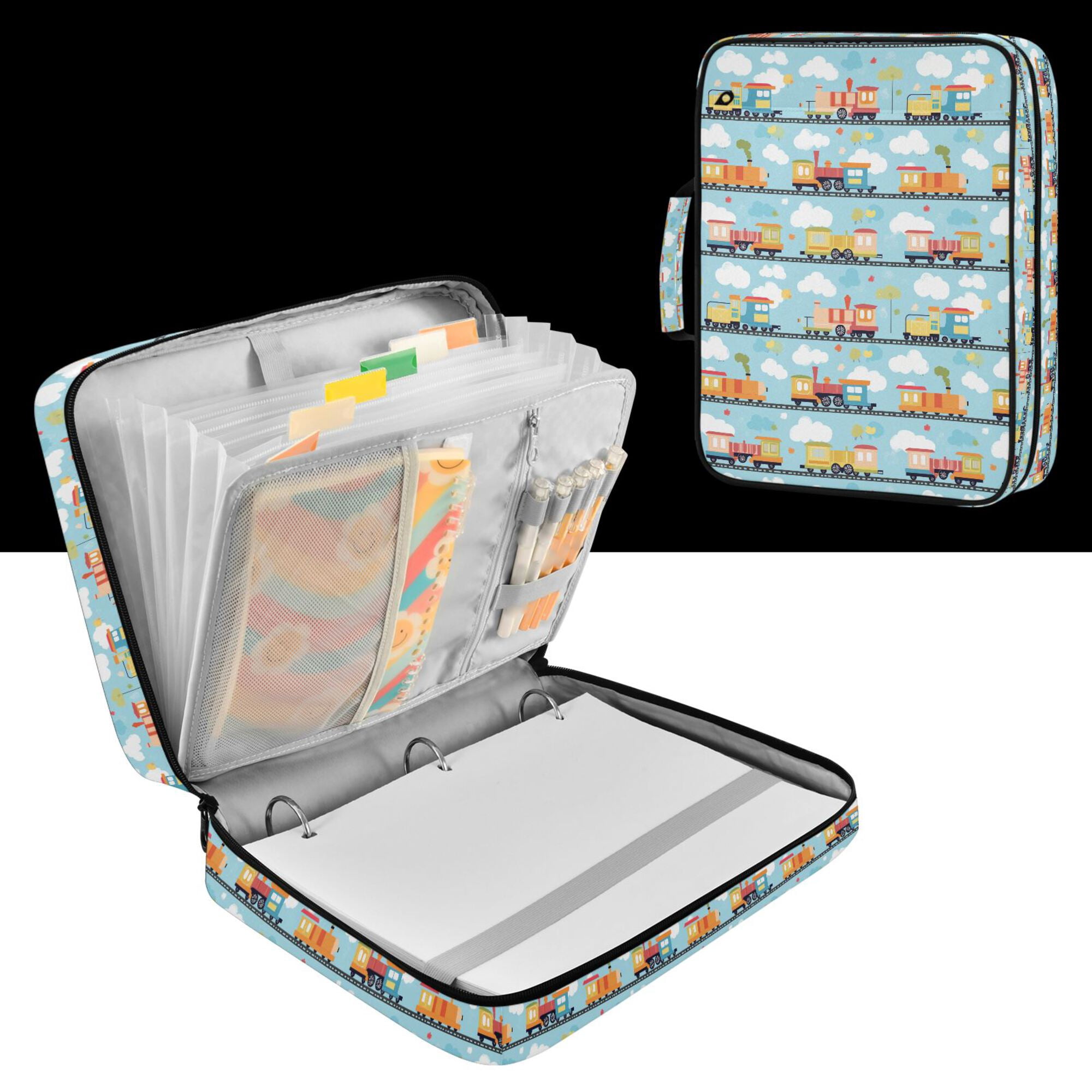FORMRS Accordion File Folder A4 Size 7-Pocket Expanding Document Organizer Bag with 3 Ring Binder, Cartoon Train Pattern