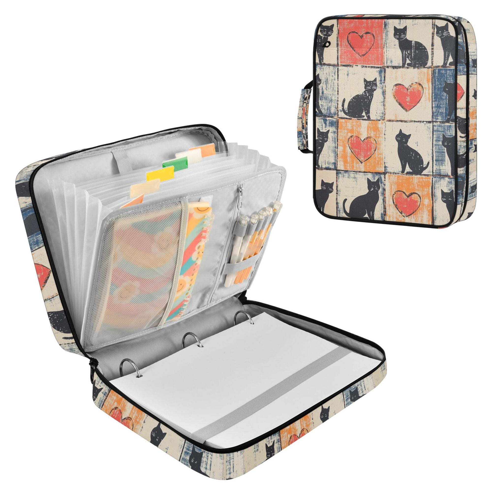 FORMRS Accordion File Folder A4 Size 7-Pocket Expanding Document Organizer Bag with 3 Ring Binder, Cats and Hearts