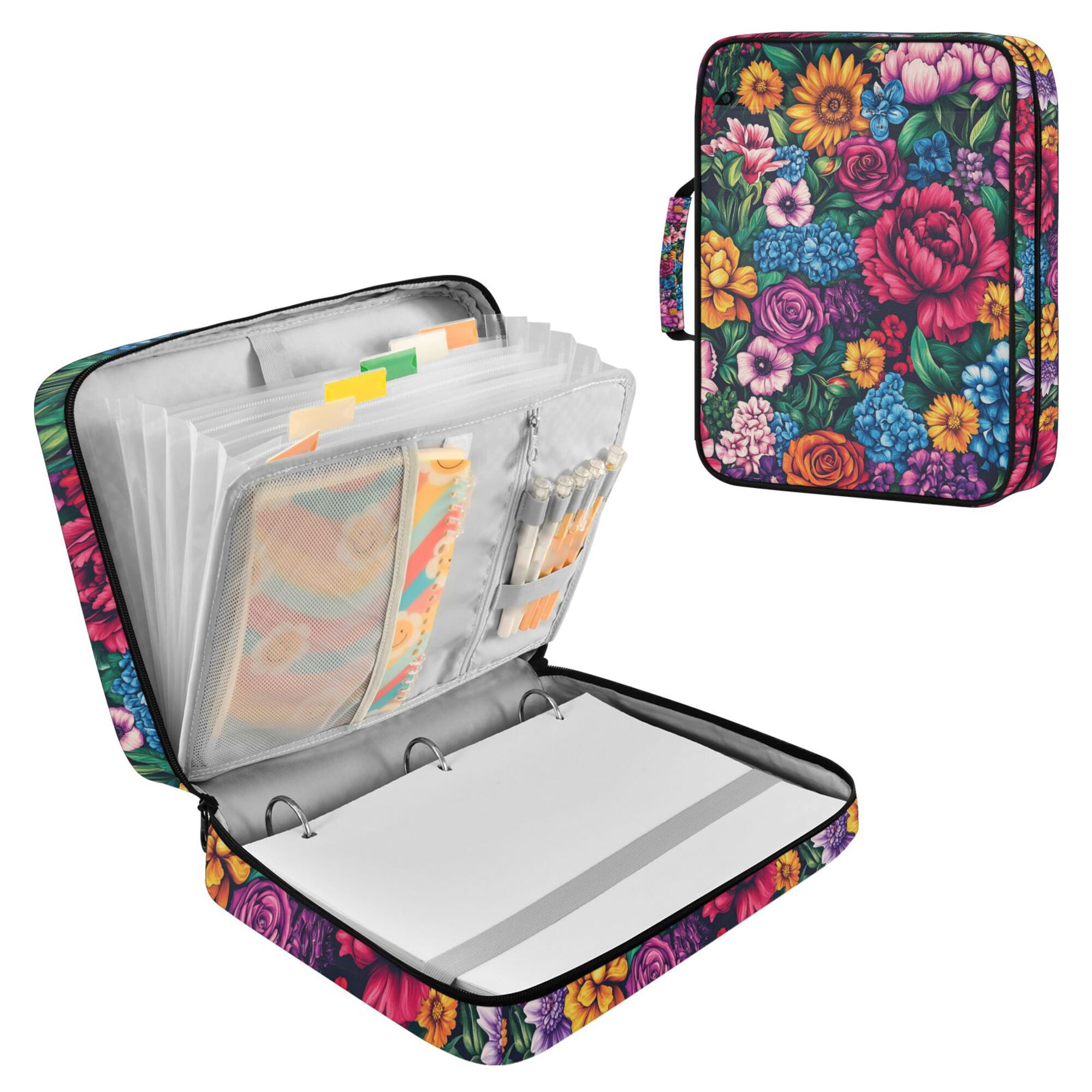 FORMRS Accordion File Folder A4 Size 7-Pocket Expanding Document Organizer Bag with 3 Ring Binder, Charming Floral Pattern