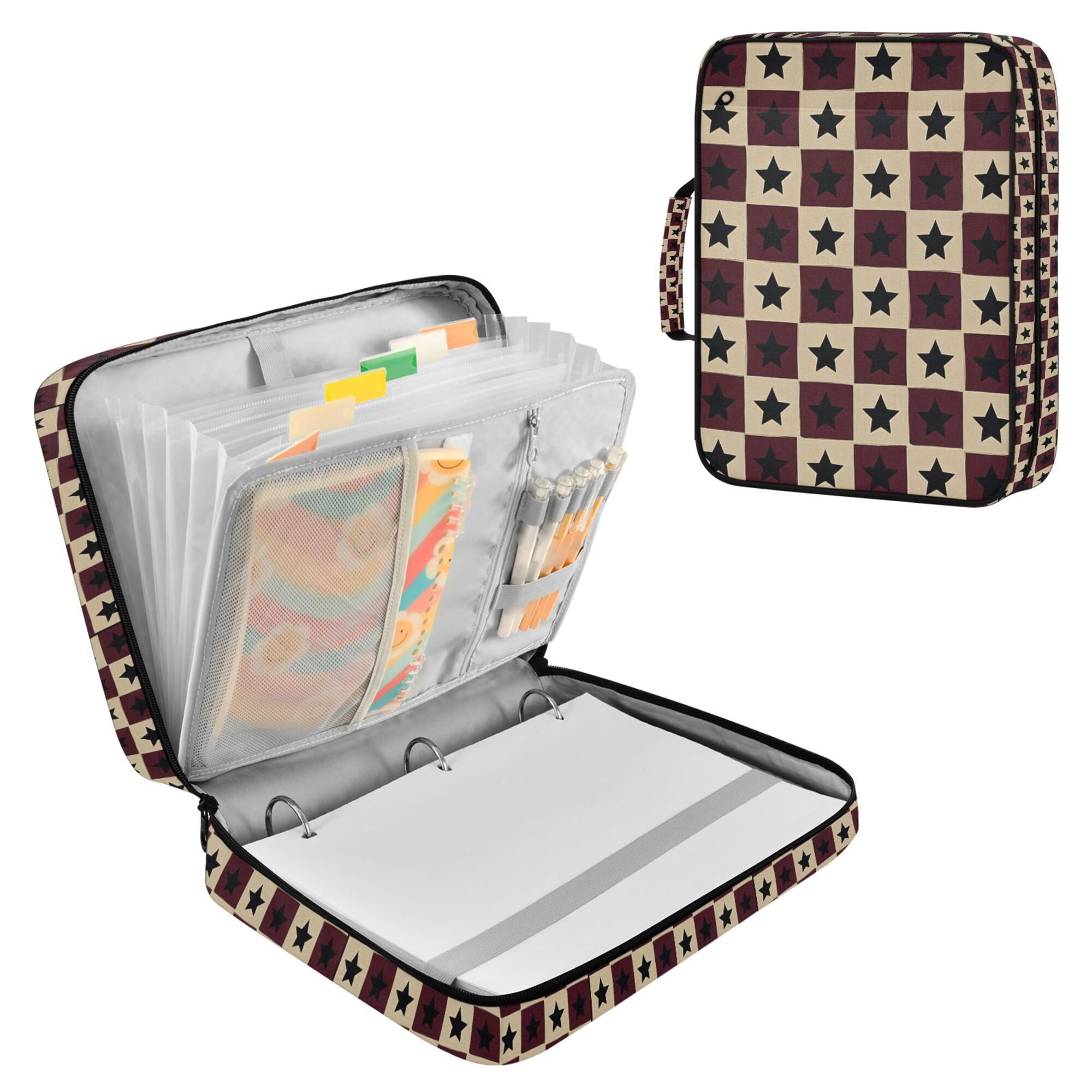 FORMRS Accordion File Folder A4 Size 7-Pocket Expanding Document Organizer Bag with 3 Ring Binder, Checkered Stars Pattern