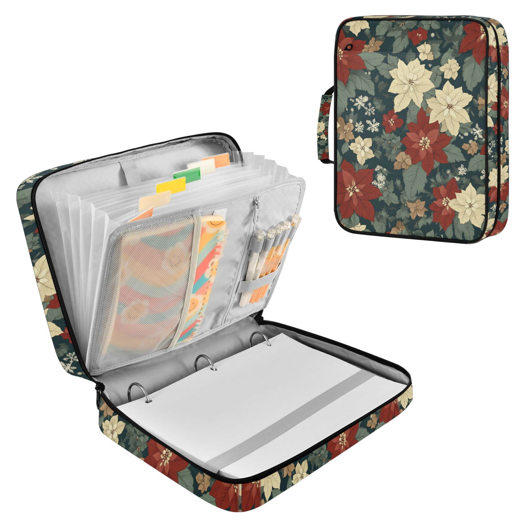 FORMRS Accordion File Folder A4 Size 7-Pocket Expanding Document Organizer Bag with 3 Ring Binder, Christmas Blooms