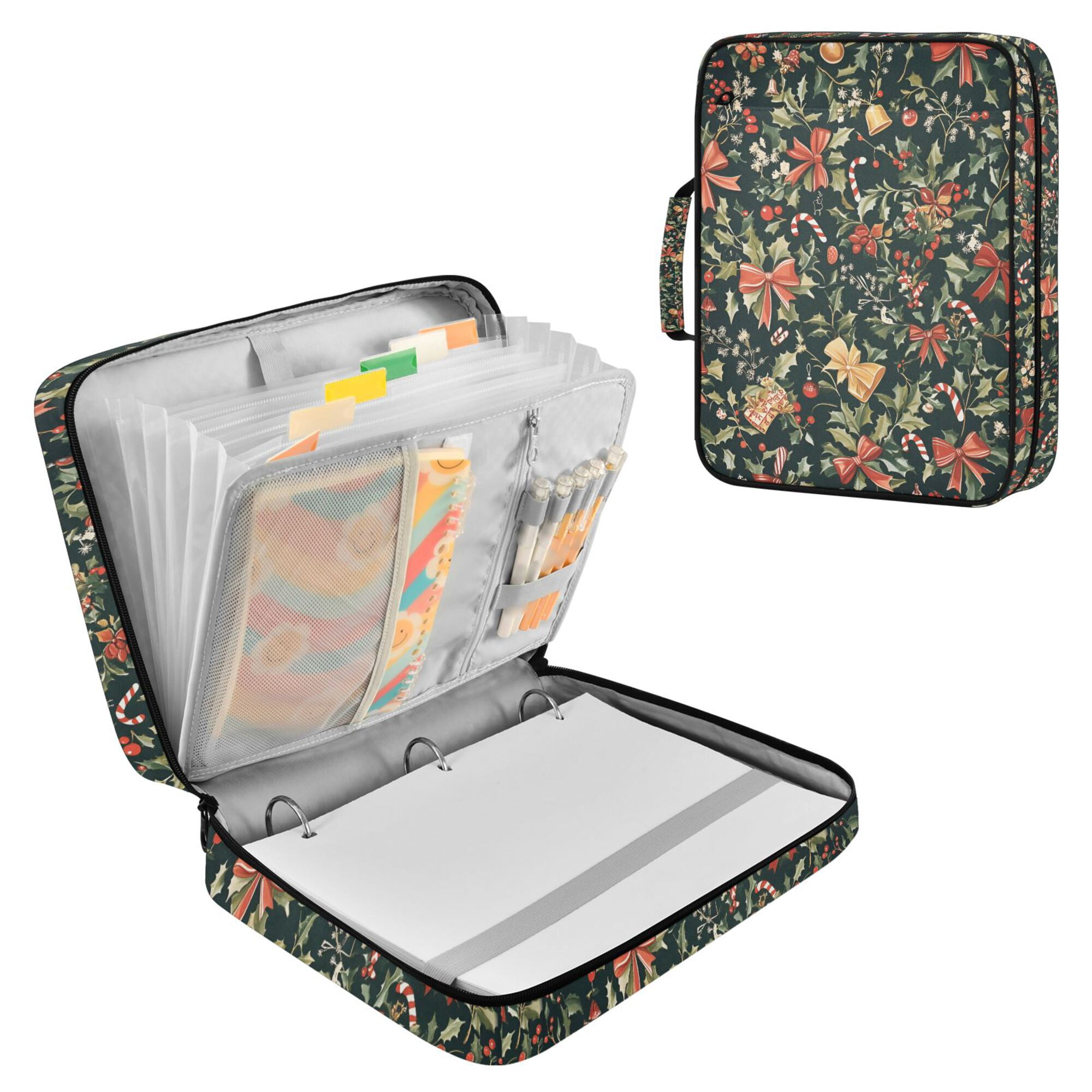 FORMRS Accordion File Folder A4 Size 7-Pocket Expanding Document Organizer Bag with 3 Ring Binder, Christmas Bows