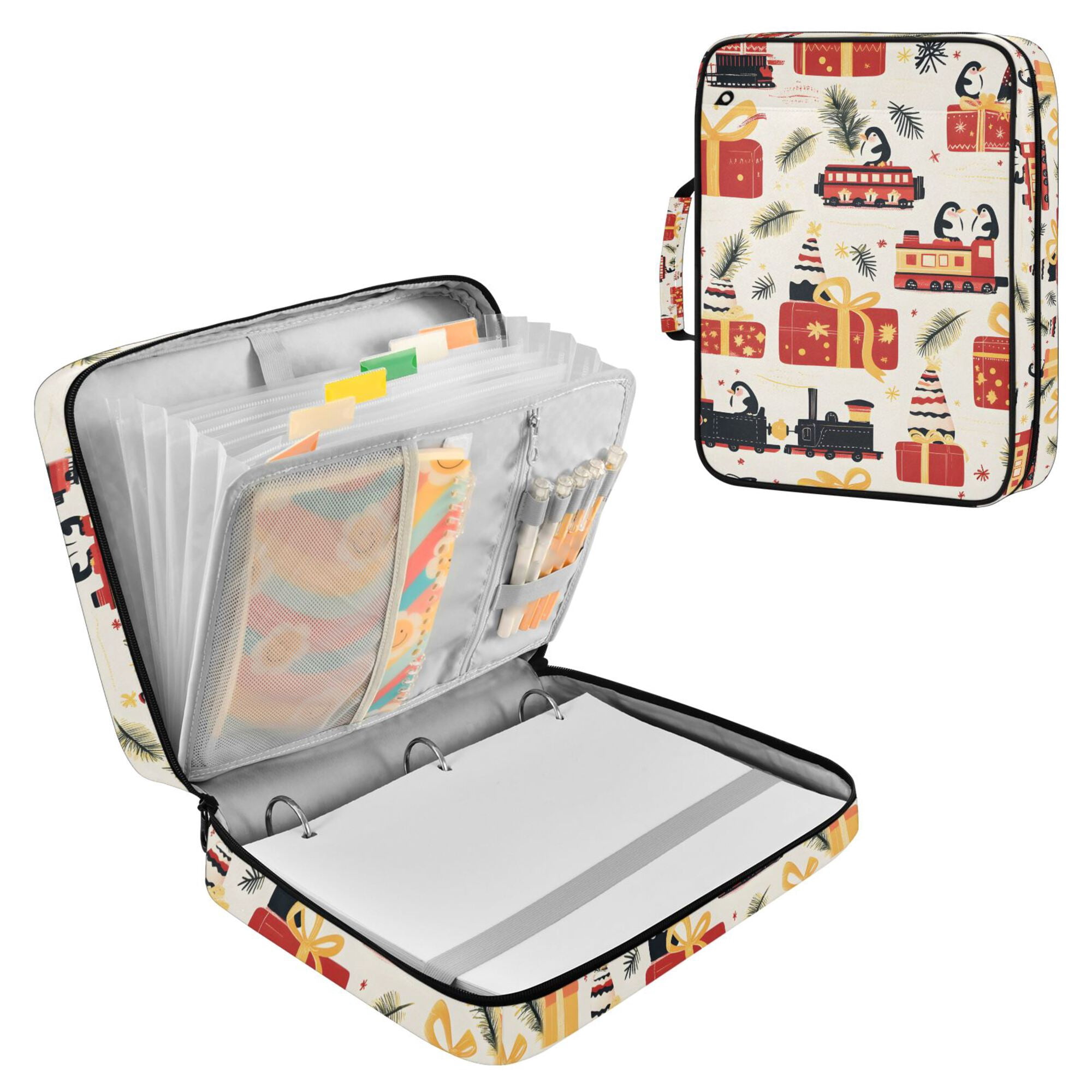 FORMRS Accordion File Folder A4 Size 7-Pocket Expanding Document Organizer Bag with 3 Ring Binder, Christmas Box Train
