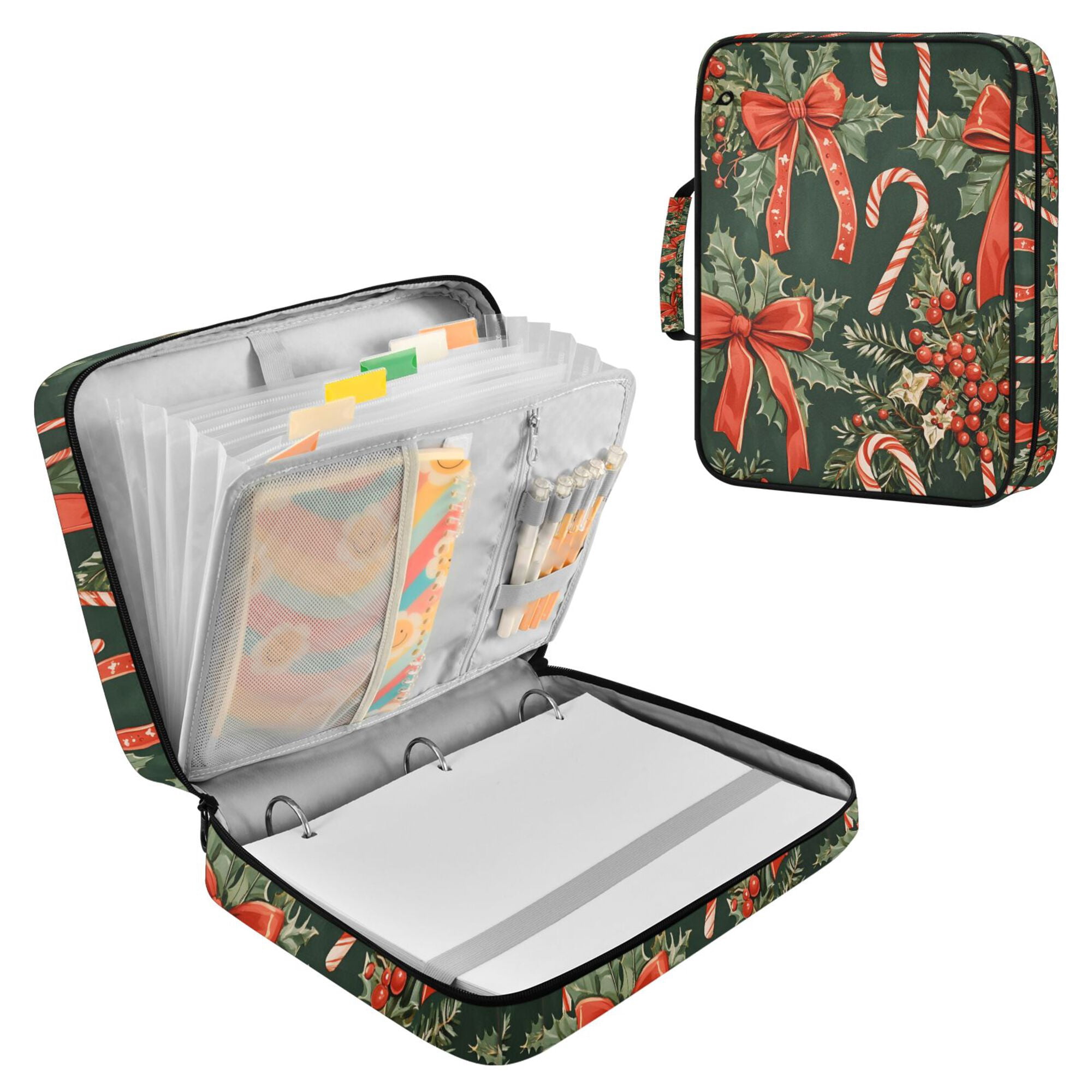 FORMRS Accordion File Folder A4 Size 7-Pocket Expanding Document Organizer Bag with 3 Ring Binder, Christmas Holly Bows