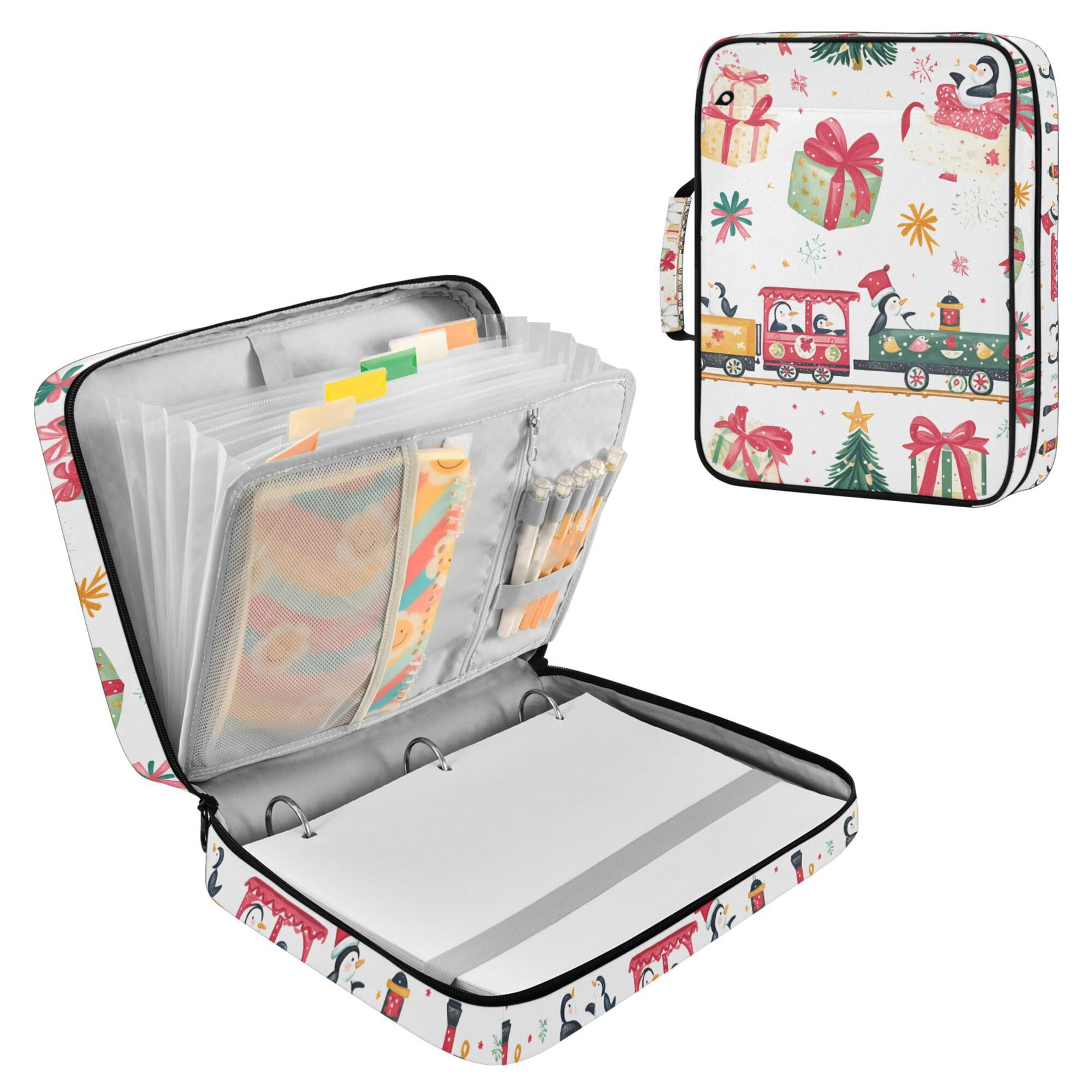 FORMRS Accordion File Folder A4 Size 7-Pocket Expanding Document Organizer Bag with 3 Ring Binder, Christmas Penguin
