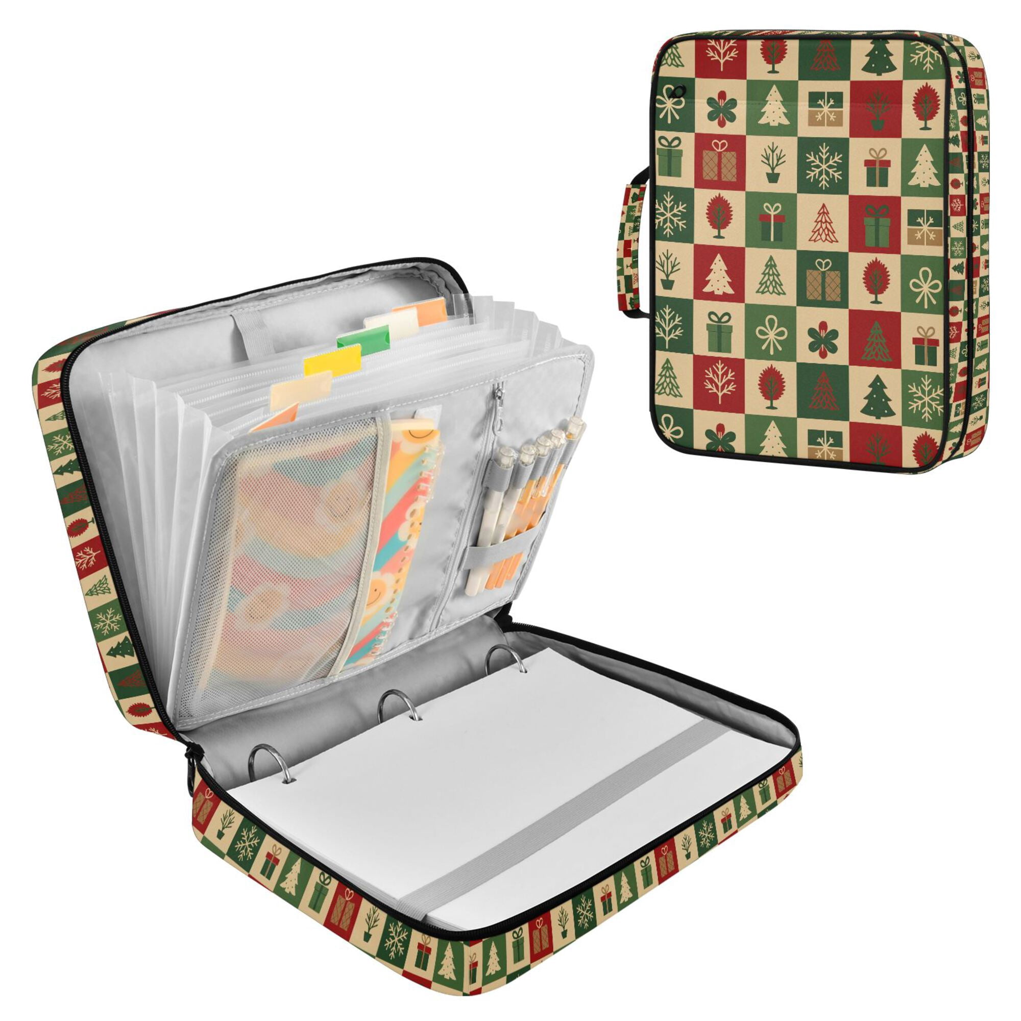FORMRS Accordion File Folder A4 Size 7-Pocket Expanding Document Organizer Bag with 3 Ring Binder, Christmas Plaid Pattern