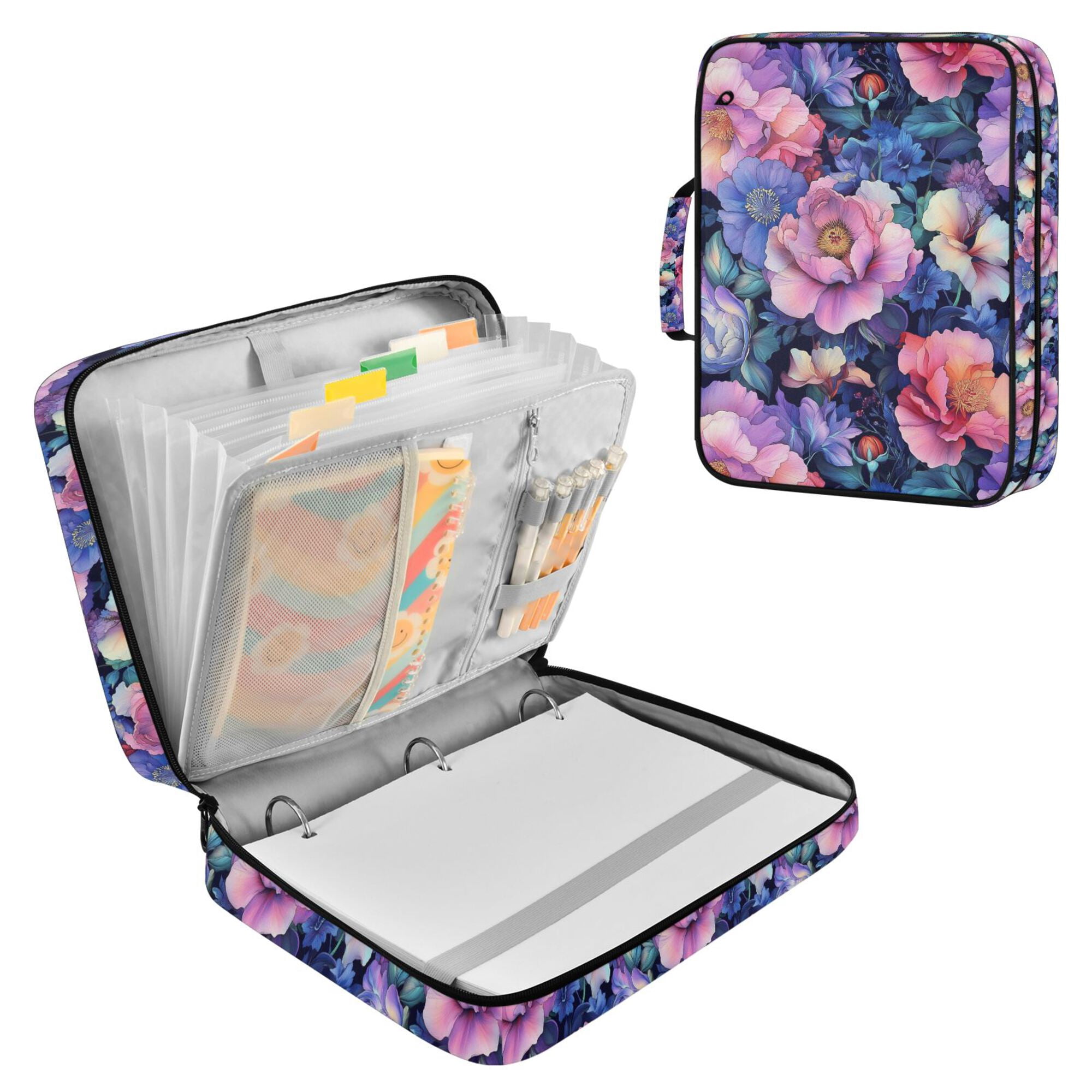 FORMRS Accordion File Folder A4 Size 7-Pocket Expanding Document Organizer Bag with 3 Ring Binder, Colorful Art Flowers