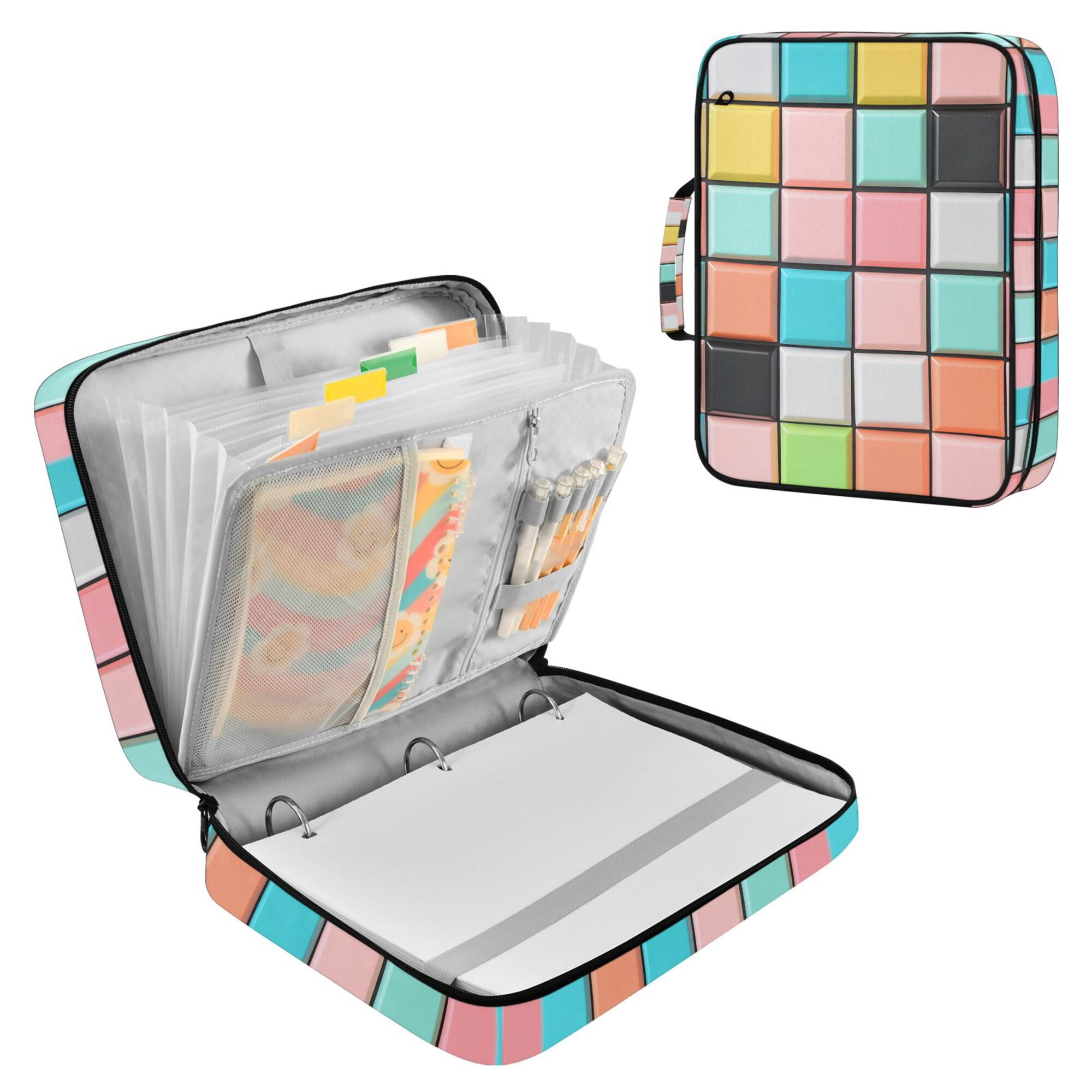 FORMRS Accordion File Folder A4 Size 7-Pocket Expanding Document Organizer Bag with 3 Ring Binder, Colorful Checkered Pattern