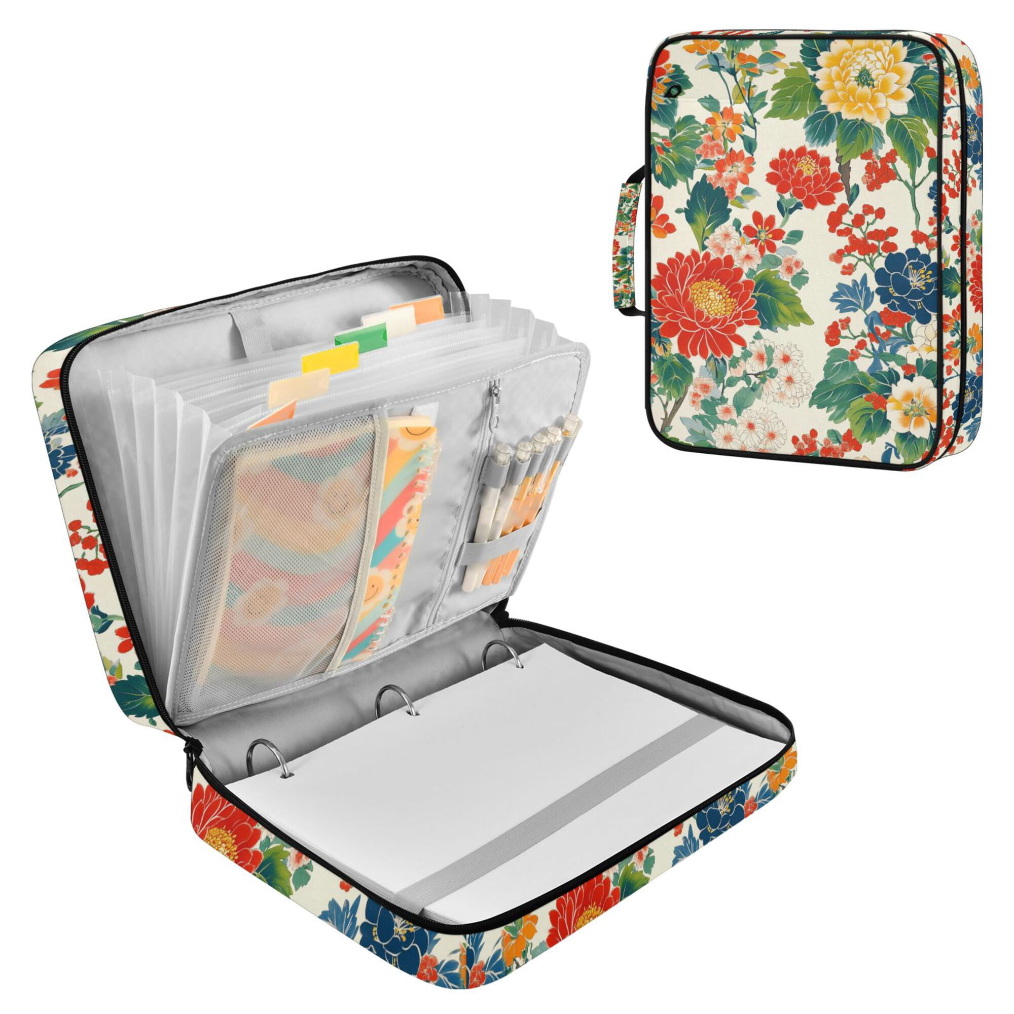FORMRS Accordion File Folder A4 Size 7-Pocket Expanding Document Organizer Bag with 3 Ring Binder, Colorful Flowers Pattern