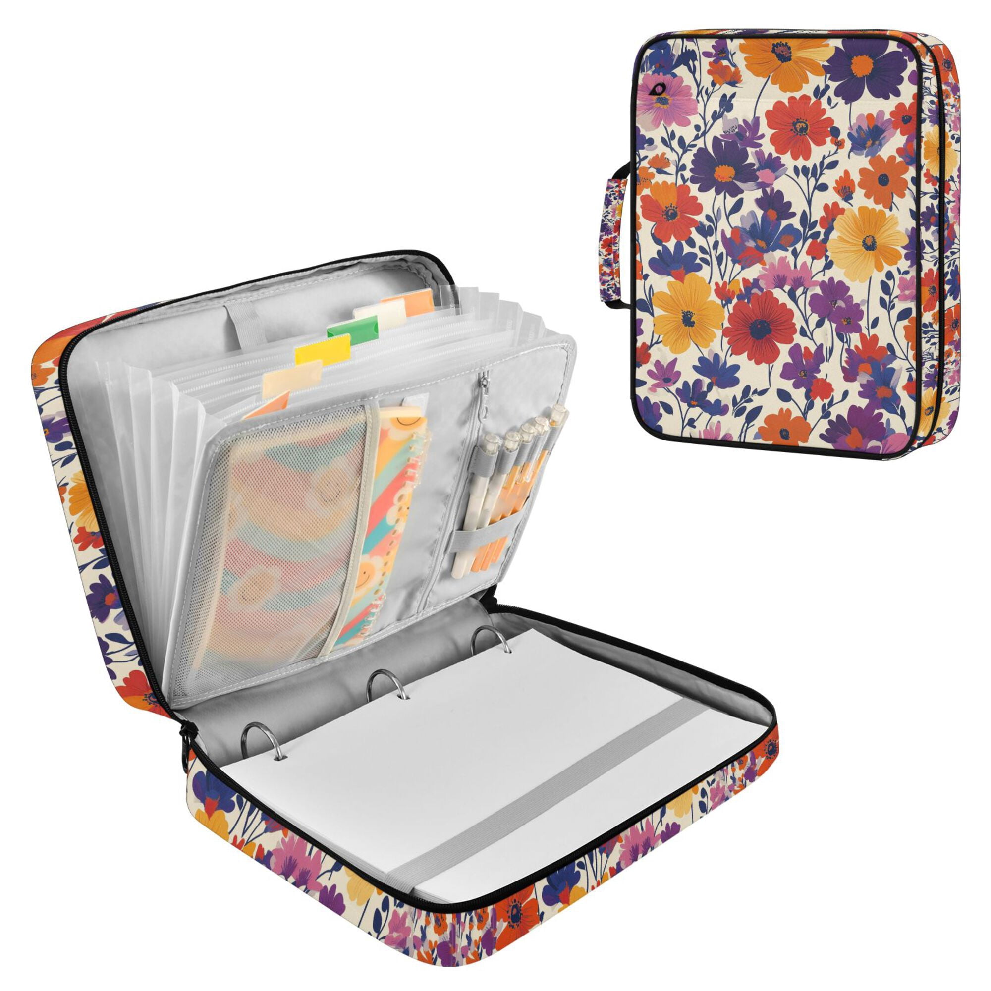 FORMRS Accordion File Folder A4 Size 7-Pocket Expanding Document Organizer Bag with 3 Ring Binder, Colorful Flowers Pattern