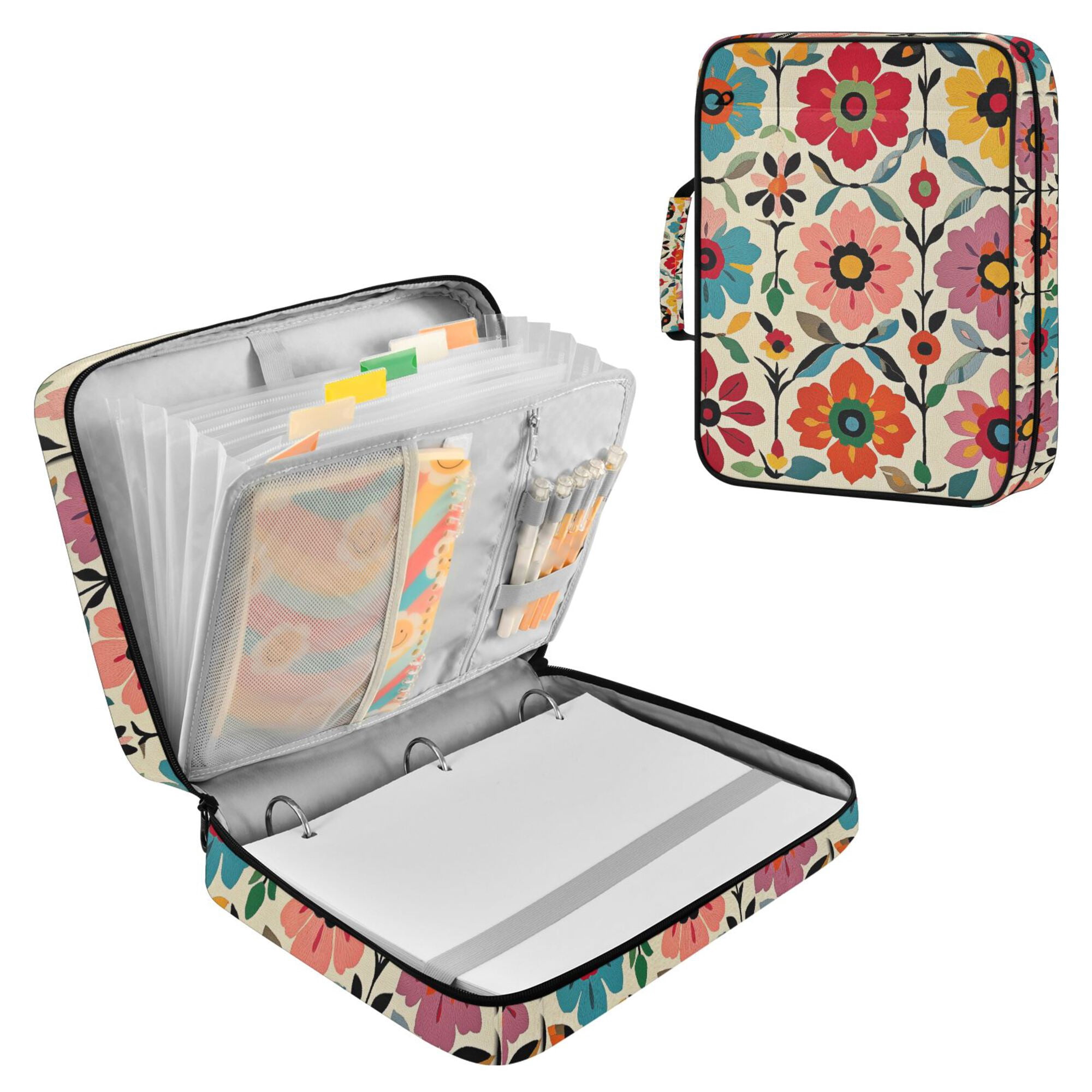 FORMRS Accordion File Folder A4 Size 7-Pocket Expanding Document Organizer Bag with 3 Ring Binder, Colorful Flowers