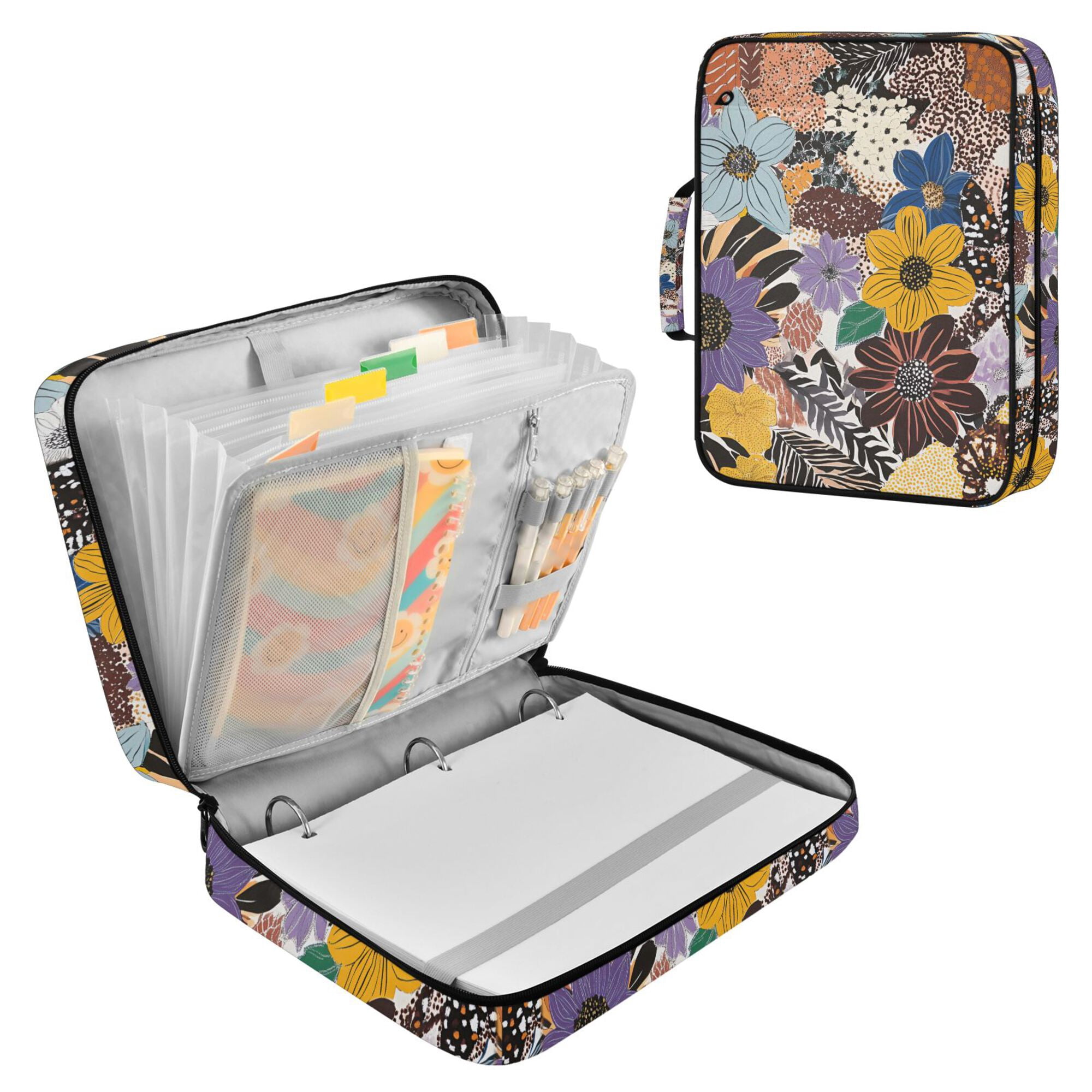 FORMRS Accordion File Folder A4 Size 7-Pocket Expanding Document Organizer Bag with 3 Ring Binder, Colorful Flowers