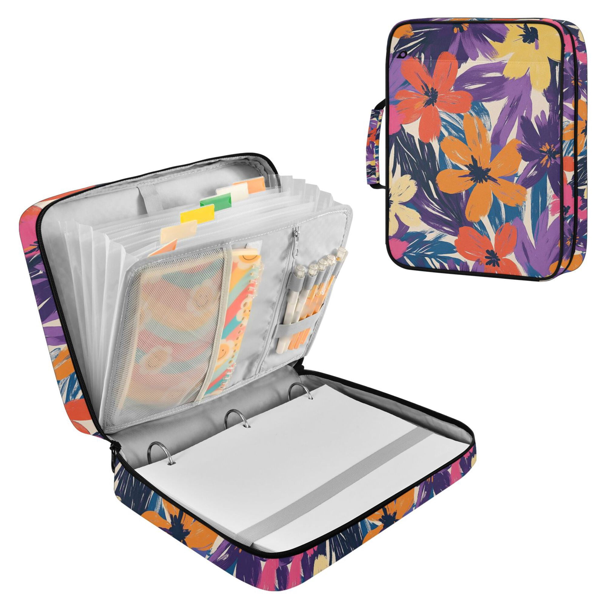 FORMRS Accordion File Folder A4 Size 7-Pocket Expanding Document Organizer Bag with 3 Ring Binder, Colorful Painted Flowers Pattern