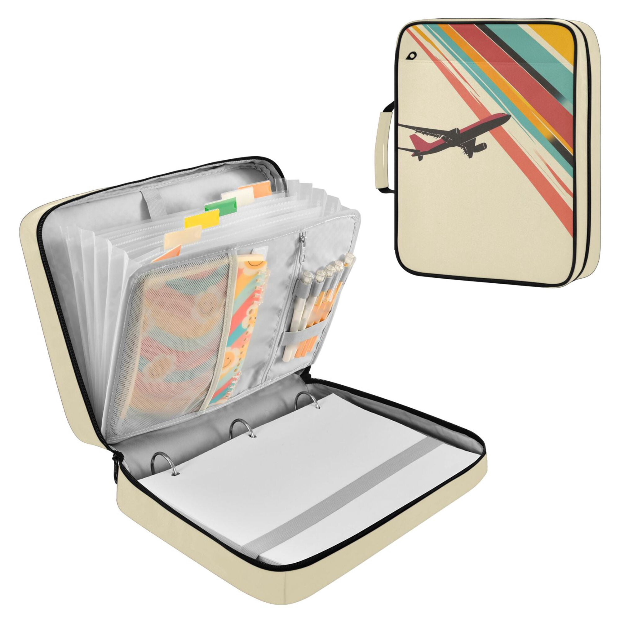 FORMRS Accordion File Folder A4 Size 7-Pocket Expanding Document Organizer Bag with 3 Ring Binder, Colorful Plane Stripes