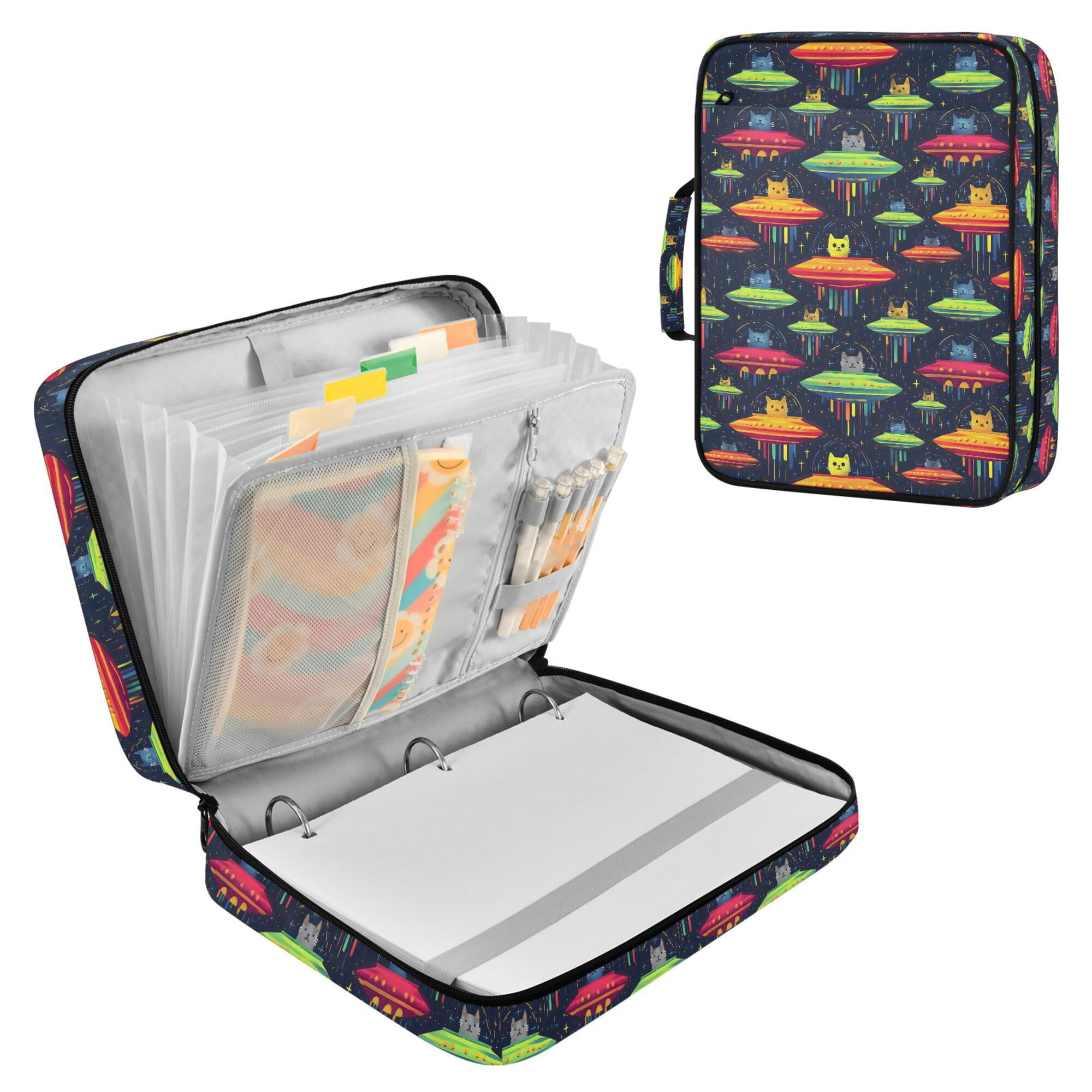 FORMRS Accordion File Folder A4 Size 7-Pocket Expanding Document Organizer Bag with 3 Ring Binder, Colorful Space Cat