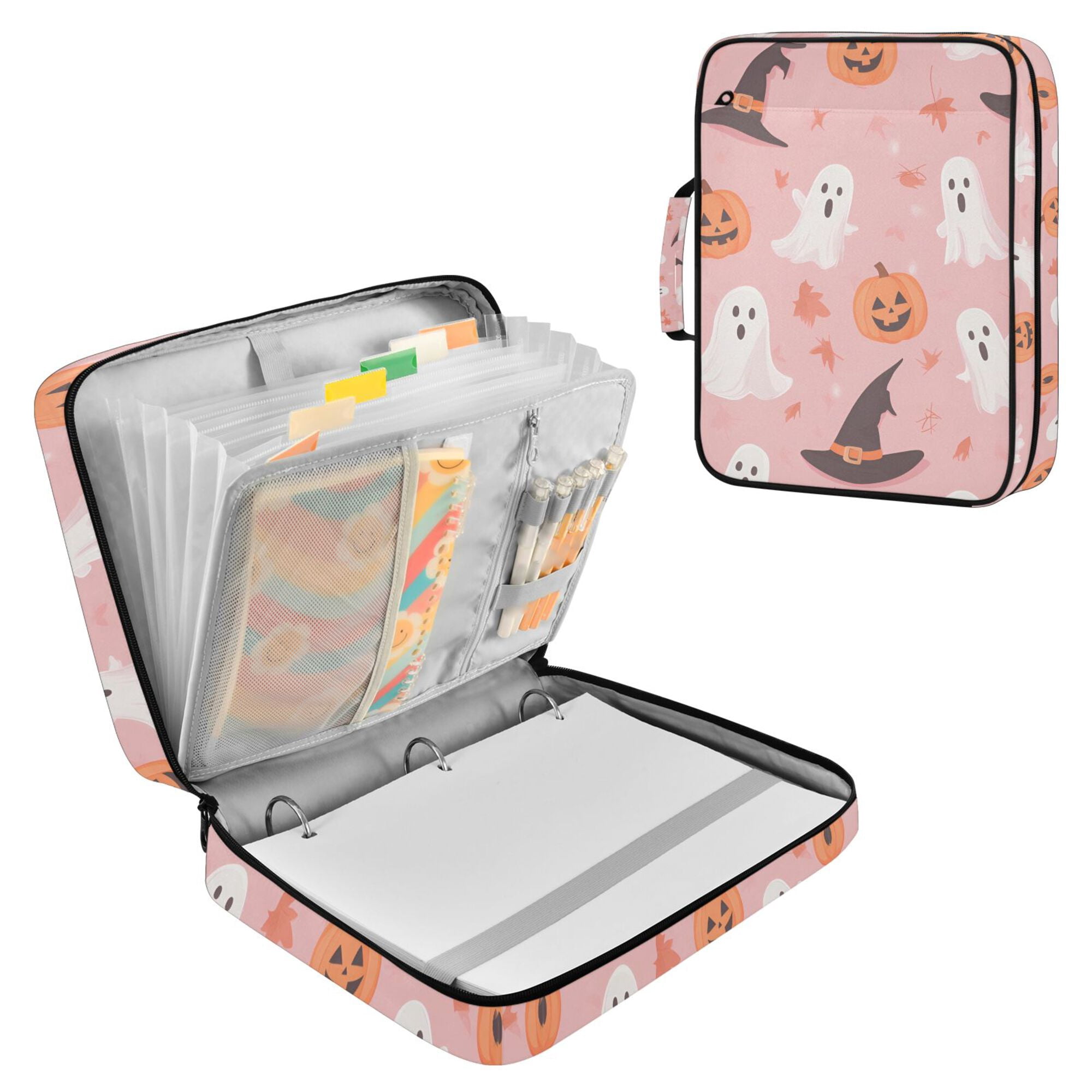 FORMRS Accordion File Folder A4 Size 7-Pocket Expanding Document Organizer Bag with 3 Ring Binder, Cute Pink Halloween