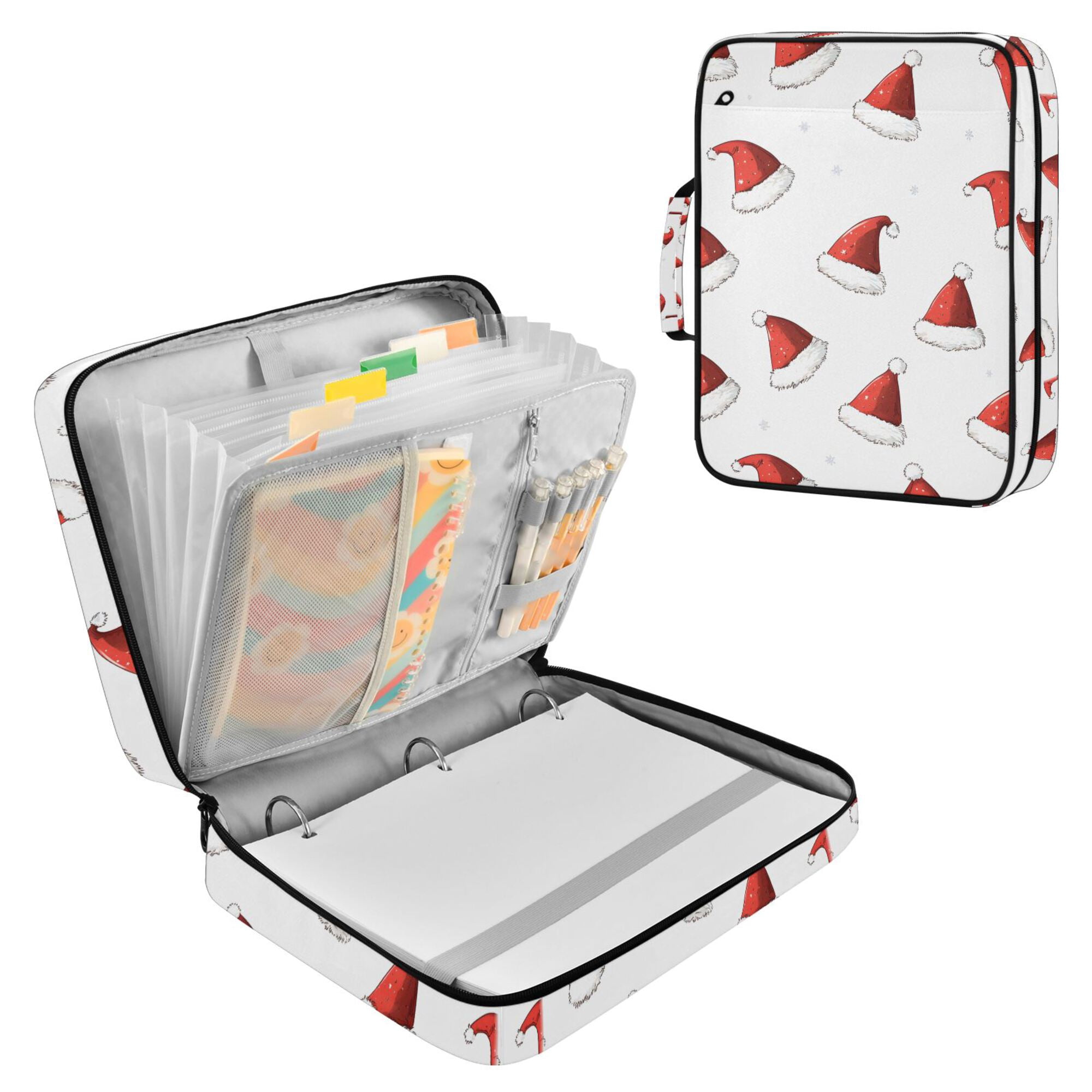 FORMRS Accordion File Folder A4 Size 7-Pocket Expanding Document Organizer Bag with 3 Ring Binder, Cute Santa Hats Pattern