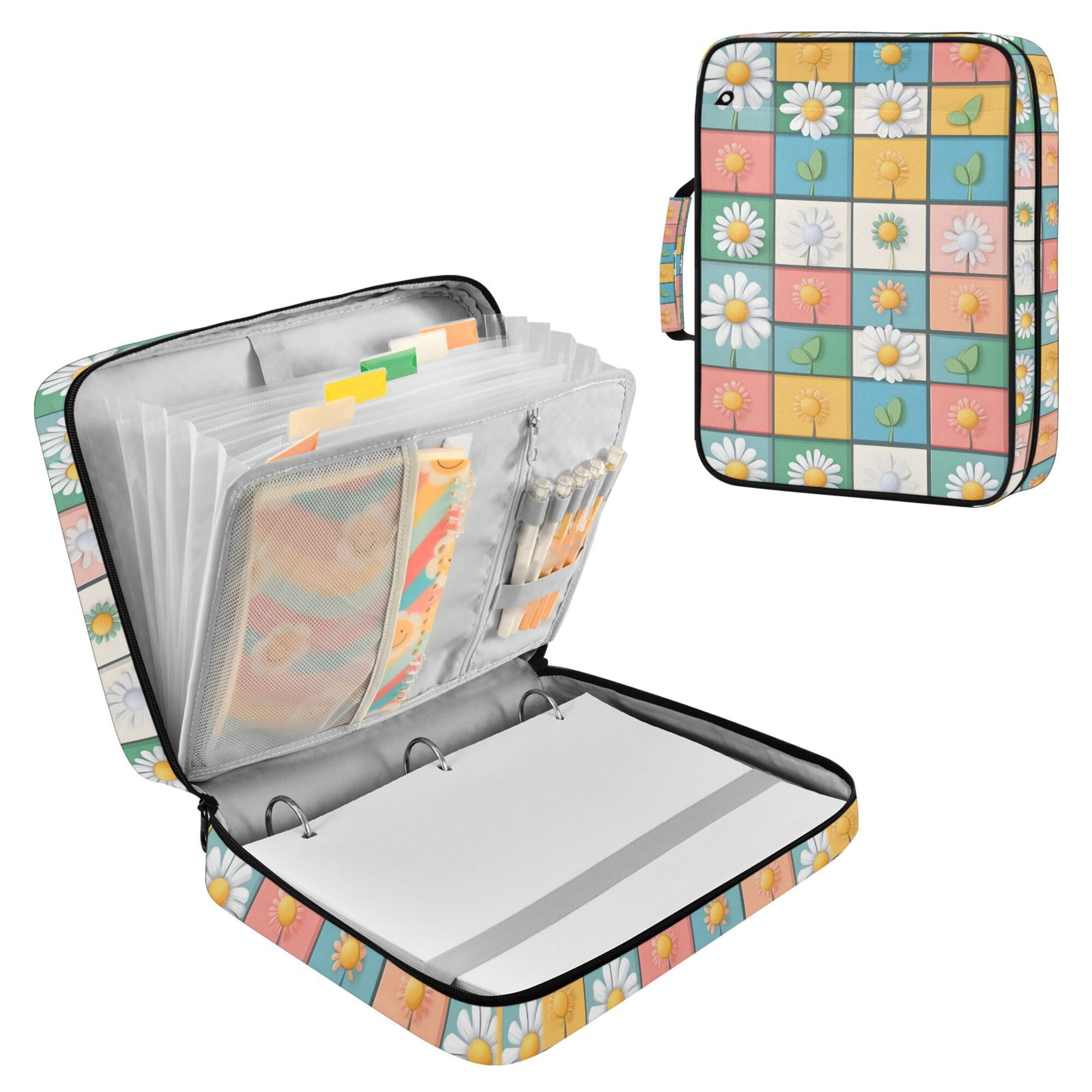 FORMRS Accordion File Folder A4 Size 7-Pocket Expanding Document Organizer Bag with 3 Ring Binder, Daisy Mosaic