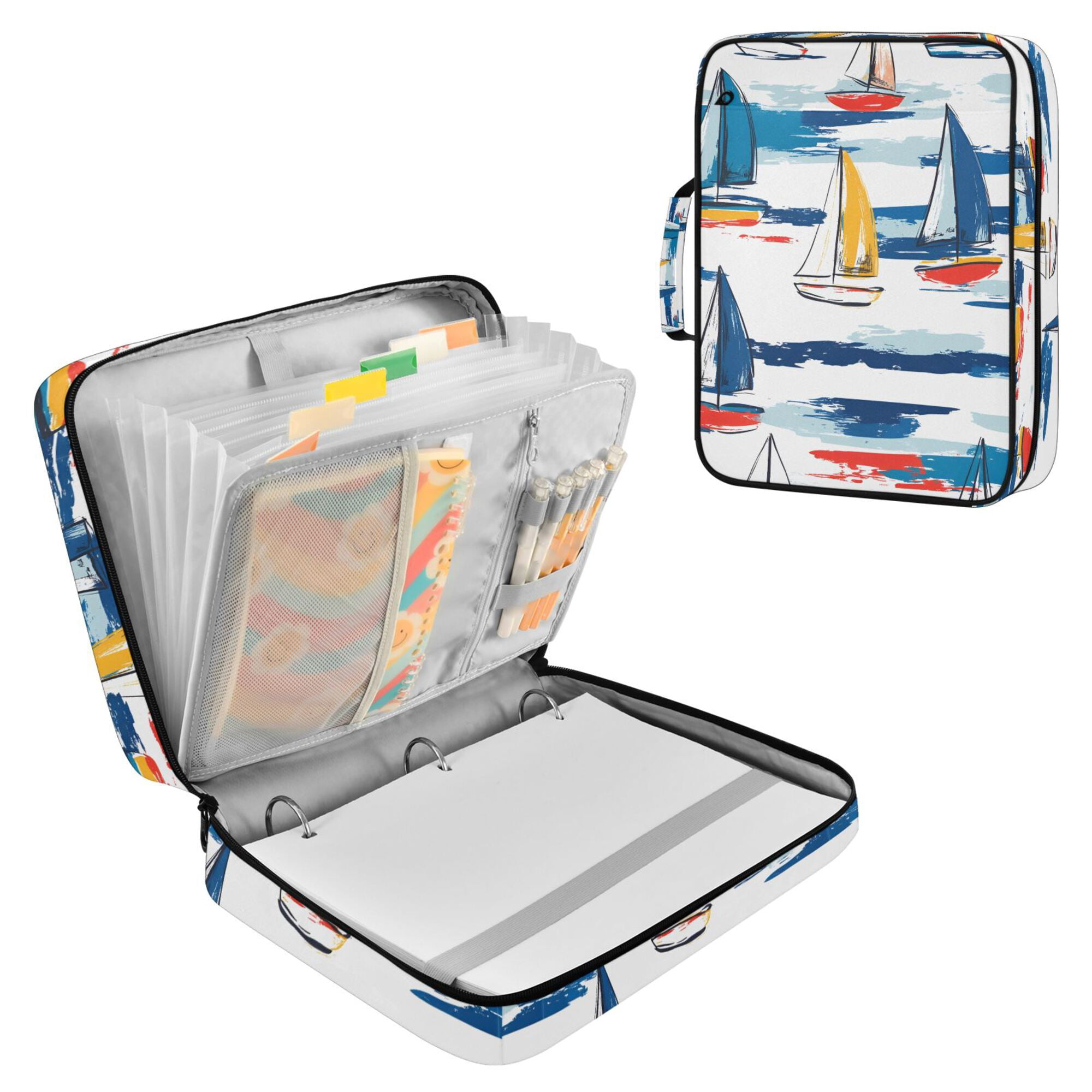 FORMRS Accordion File Folder A4 Size 7-Pocket Expanding Document Organizer Bag with 3 Ring Binder, Dark Blue Hand Drawn Sailboats