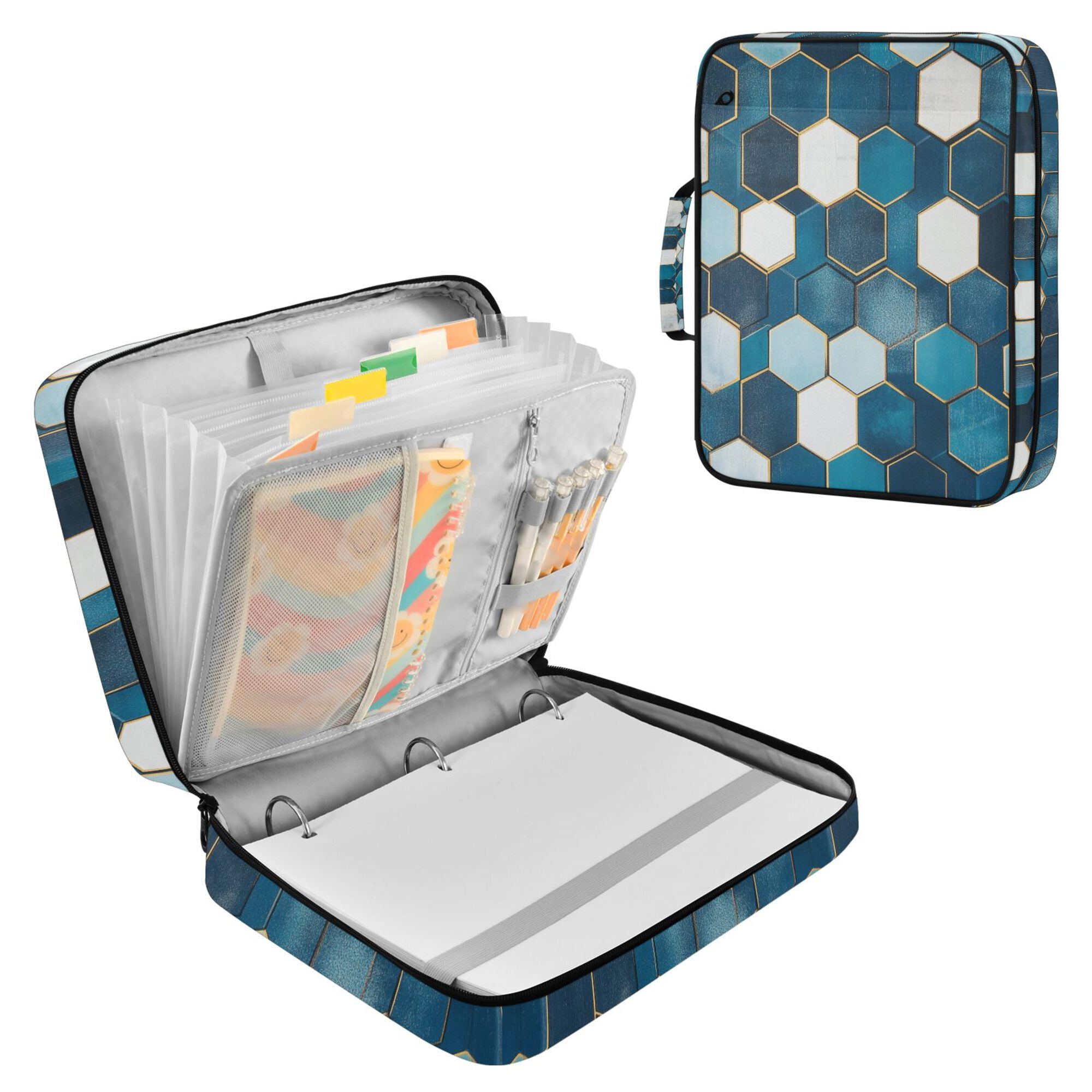 FORMRS Accordion File Folder A4 Size 7-Pocket Expanding Document Organizer Bag with 3 Ring Binder, Dark Blue Hexagon Patterns