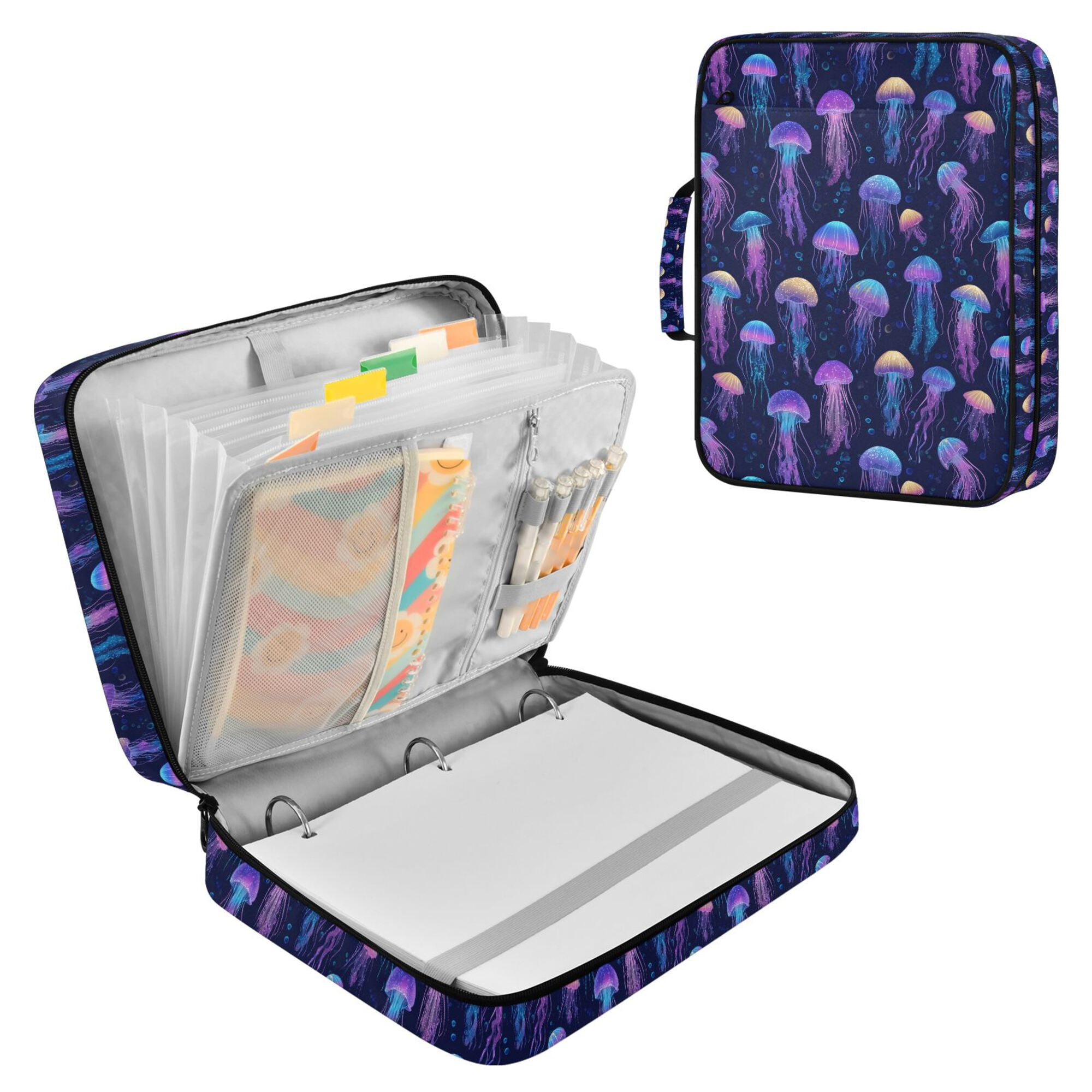 FORMRS Accordion File Folder A4 Size 7-Pocket Expanding Document Organizer Bag with 3 Ring Binder, Dark Blue Jellyfish Pattern