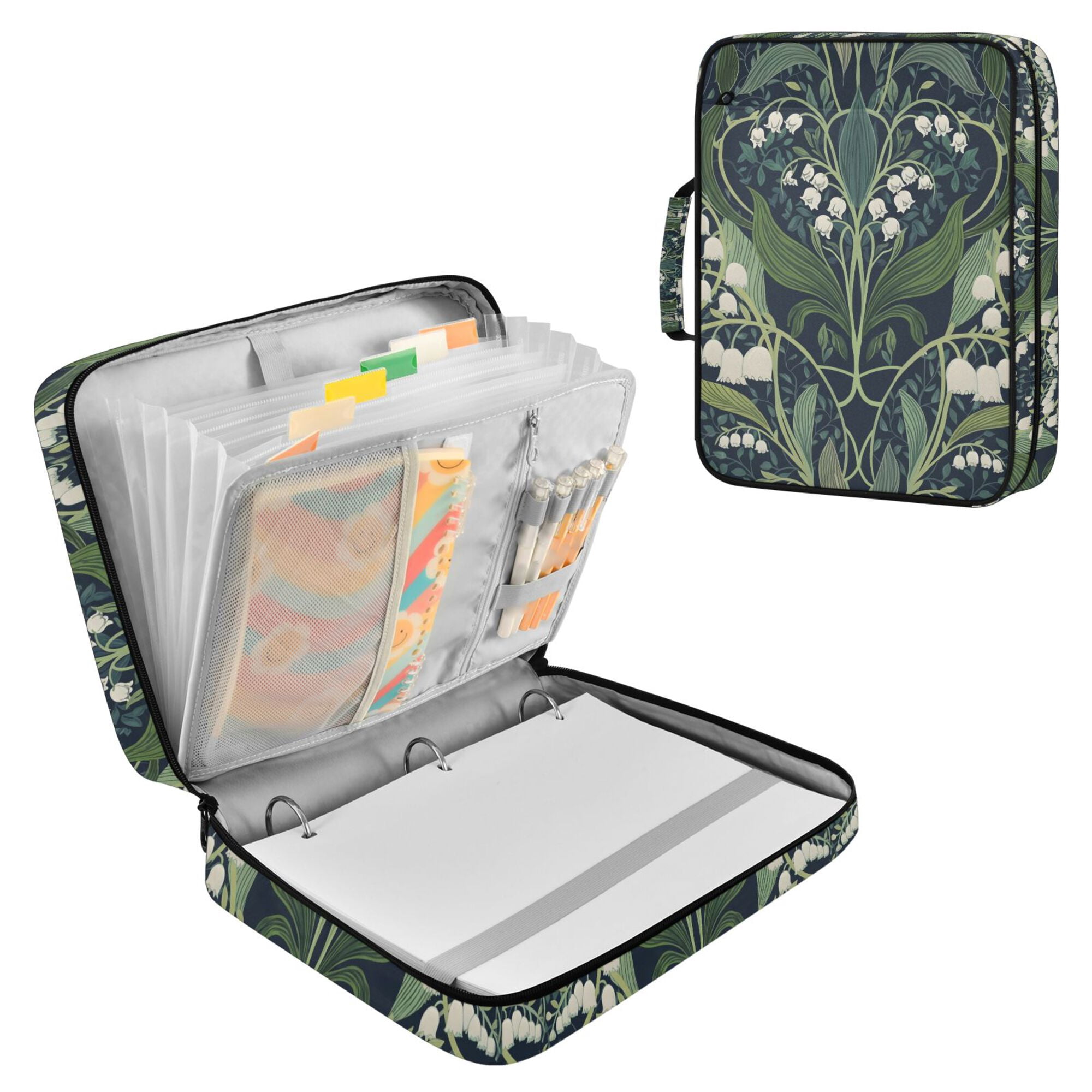 FORMRS Accordion File Folder A4 Size 7-Pocket Expanding Document Organizer Bag with 3 Ring Binder, Dark Green Flowers Pattern