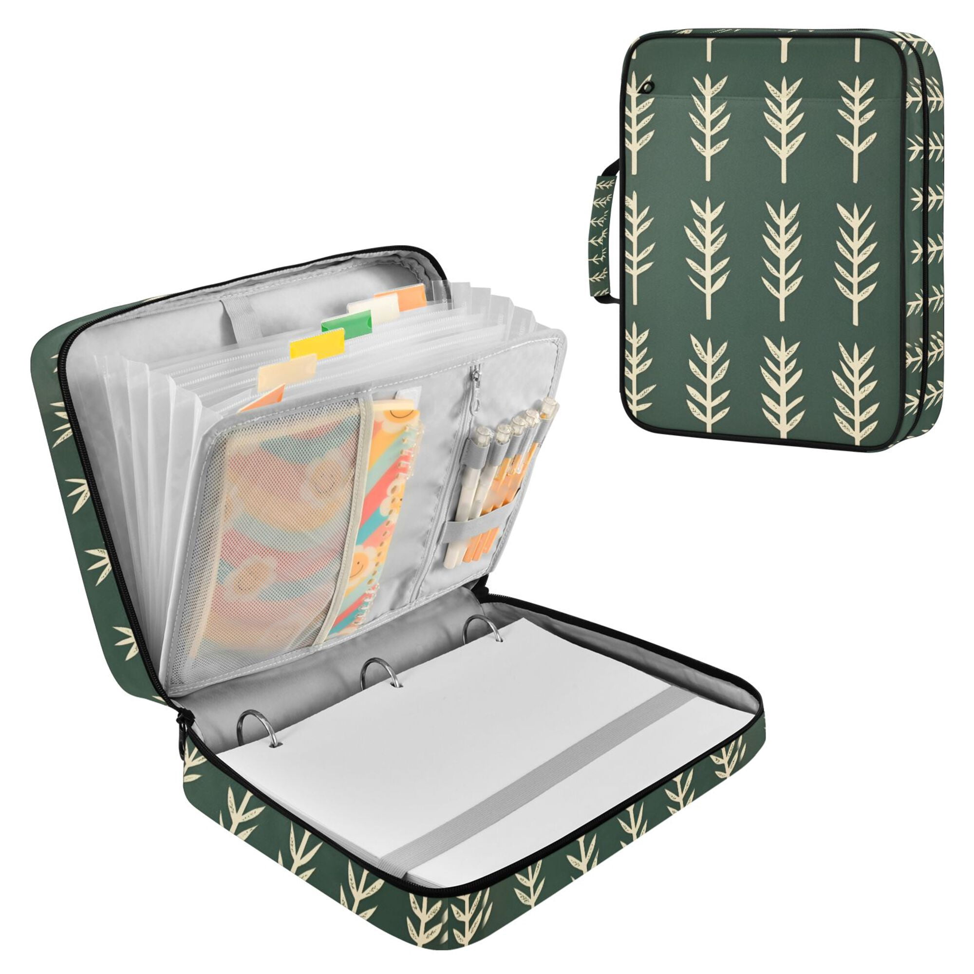 FORMRS Accordion File Folder A4 Size 7-Pocket Expanding Document Organizer Bag with 3 Ring Binder, Dark Green Leaves