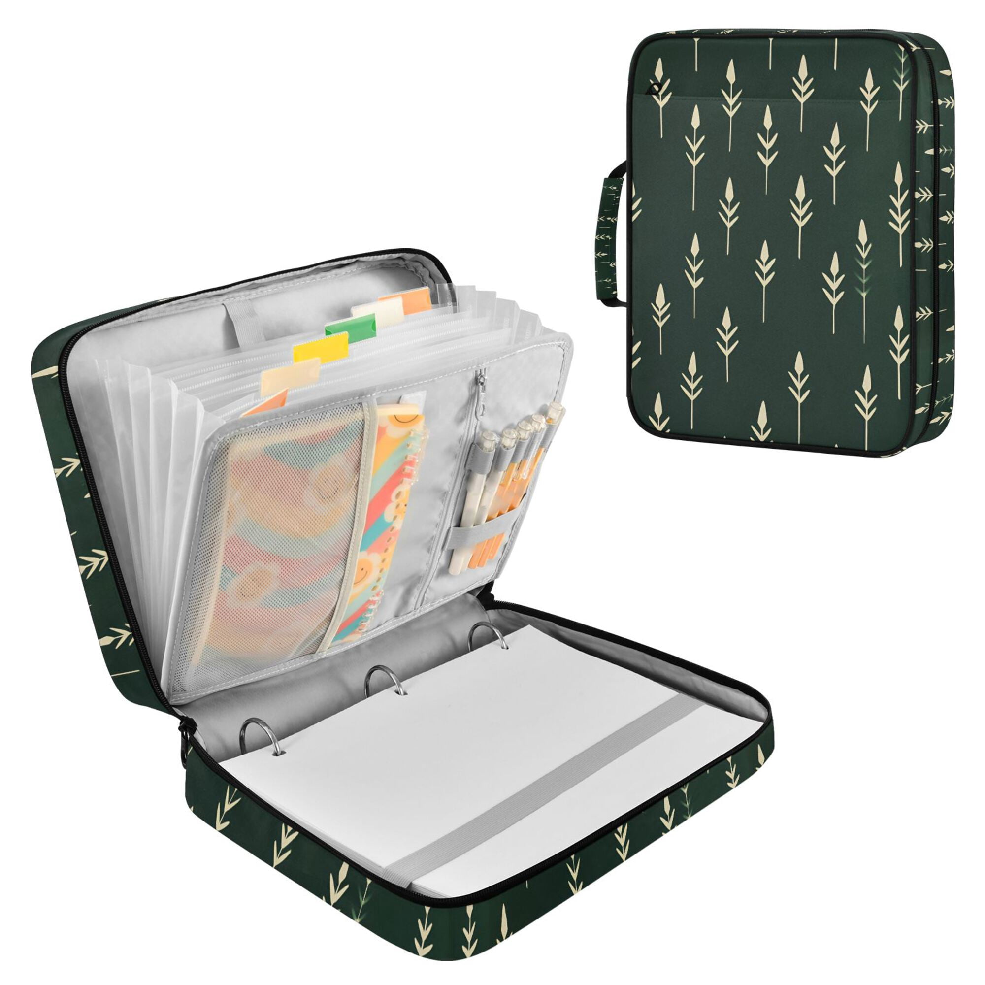 FORMRS Accordion File Folder A4 Size 7-Pocket Expanding Document Organizer Bag with 3 Ring Binder, Dark Green Plants