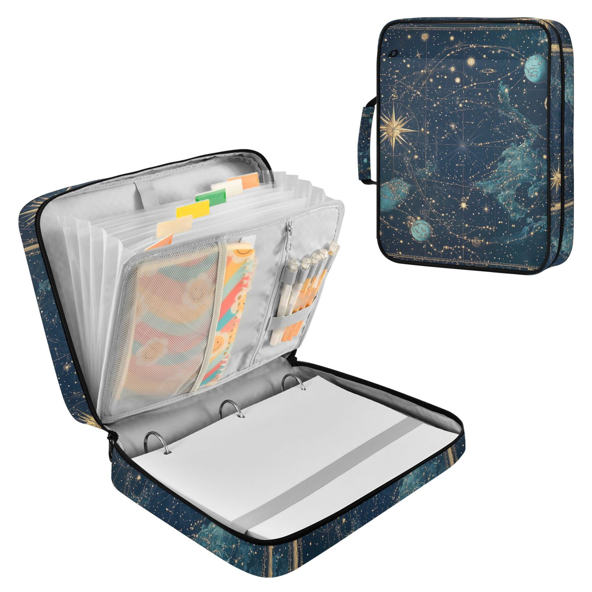 FORMRS Accordion File Folder A4 Size 7-Pocket Expanding Document Organizer Bag with 3 Ring Binder, Dark Star Map