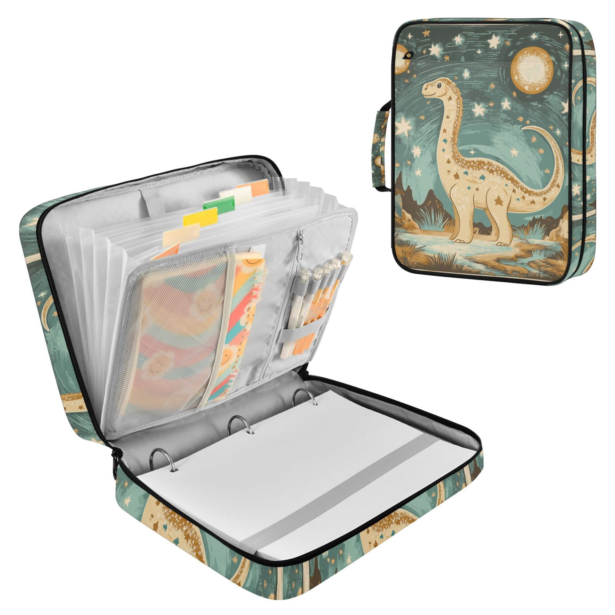FORMRS Accordion File Folder A4 Size 7-Pocket Expanding Document Organizer Bag with 3 Ring Binder, Dinosaur with Stars