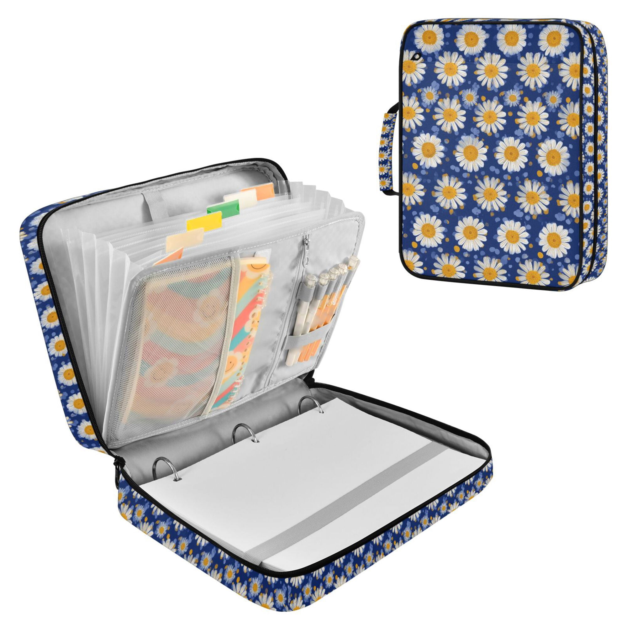 FORMRS Accordion File Folder A4 Size 7-Pocket Expanding Document Organizer Bag with 3 Ring Binder, Elegant Daisy Pattern