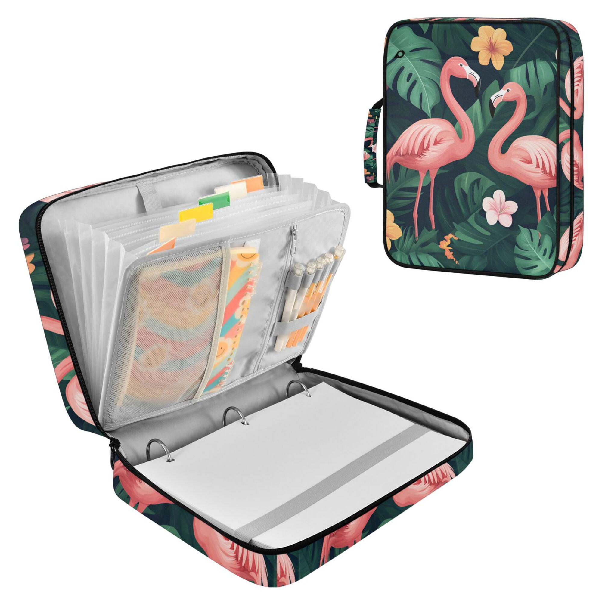 FORMRS Accordion File Folder A4 Size 7-Pocket Expanding Document Organizer Bag with 3 Ring Binder, Flamingo Leaves Pattern