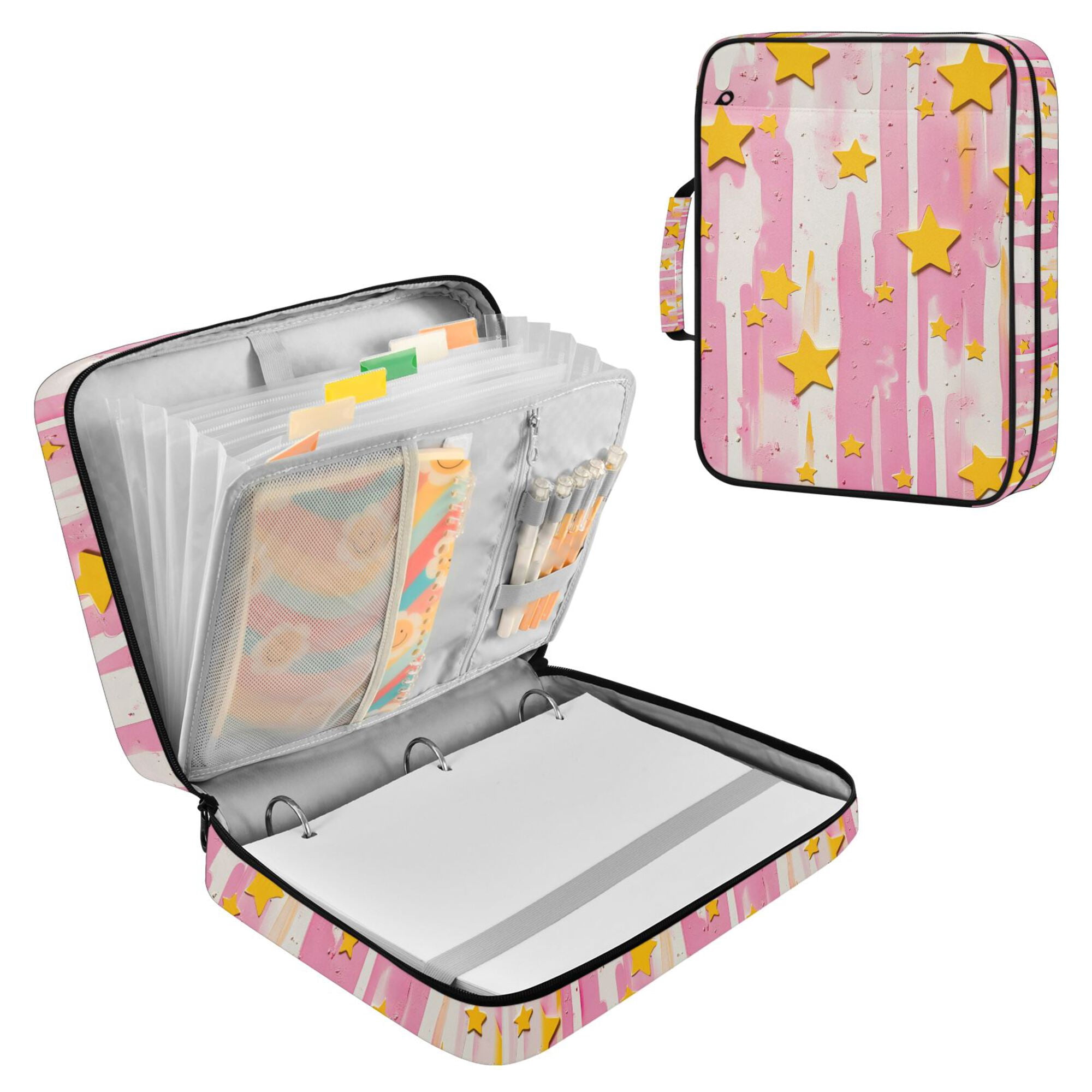 FORMRS Accordion File Folder A4 Size 7-Pocket Expanding Document Organizer Bag with 3 Ring Binder, Flat Yellow Stars