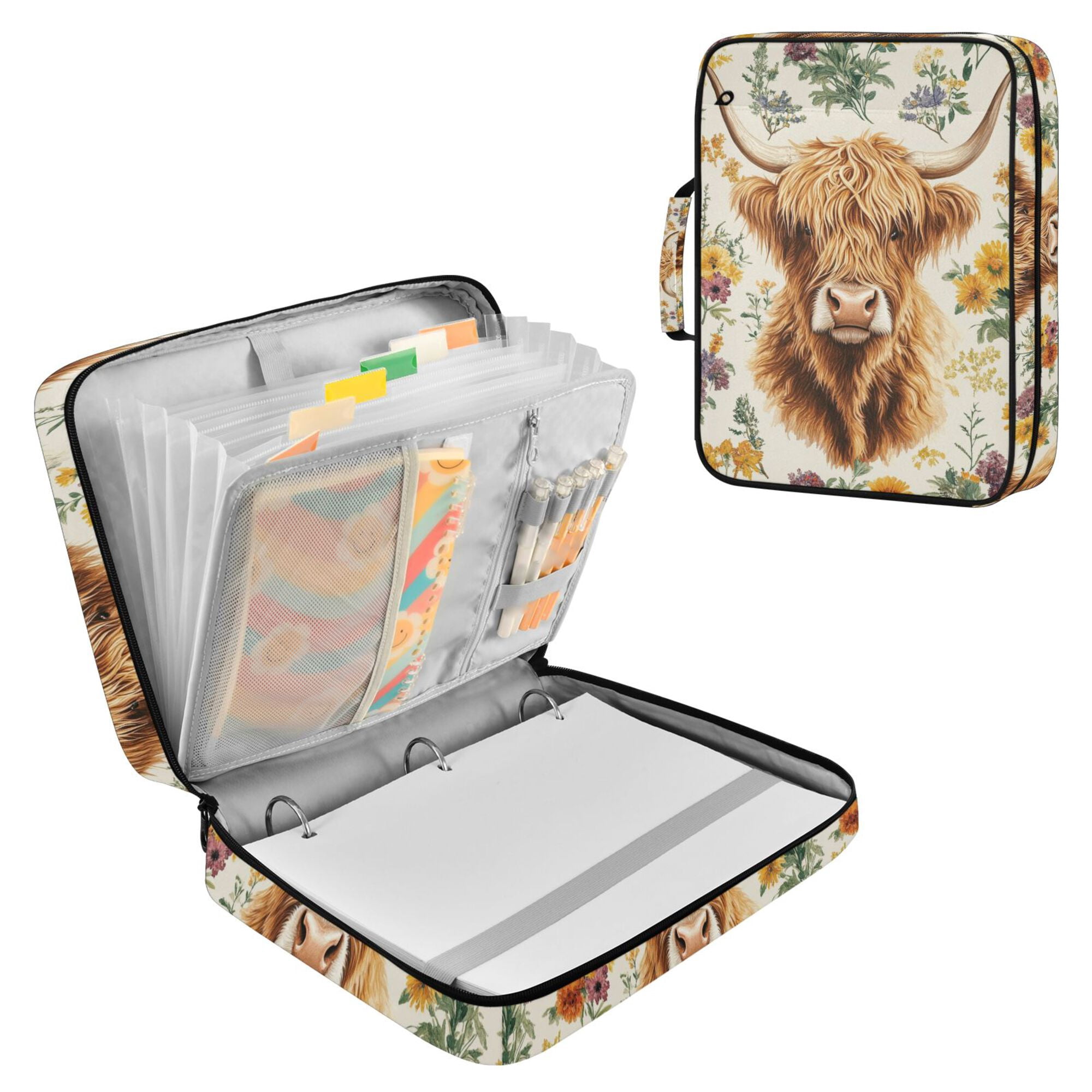 FORMRS Accordion File Folder A4 Size 7-Pocket Expanding Document Organizer Bag with 3 Ring Binder, Floral Cow